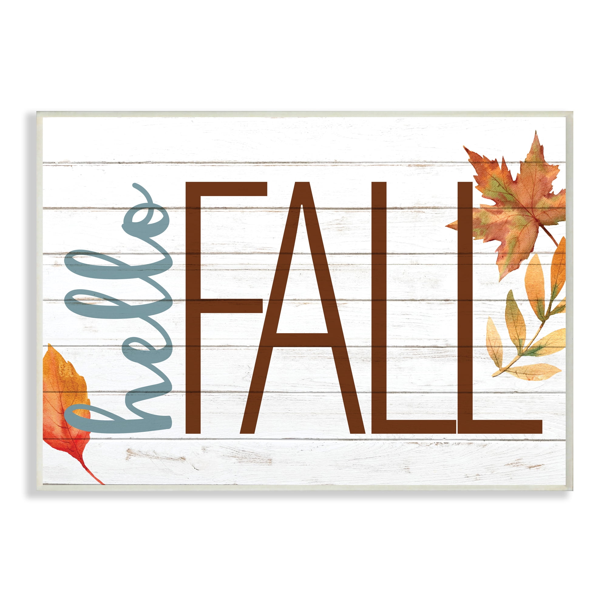 Stupell Industries Hello Fall Planked Look Autumn Foliage Holiday Painting Unframed Art Print Wall Art, 13 x 19