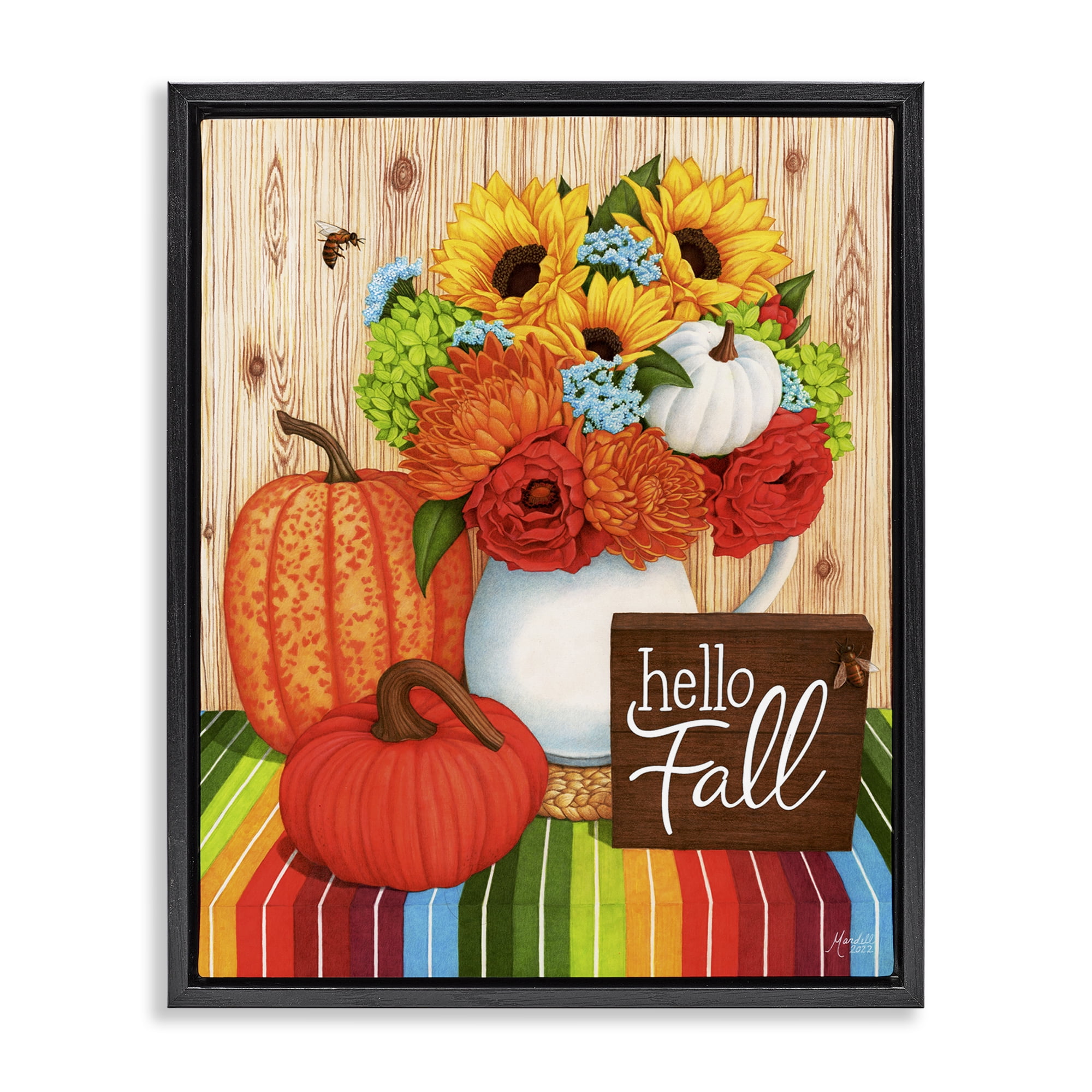 Stupell Industries Hello Fall Rainbow Pumpkins Holiday Painting Black Floater Framed Canvas Art Prints Wall Art, 25 x 31