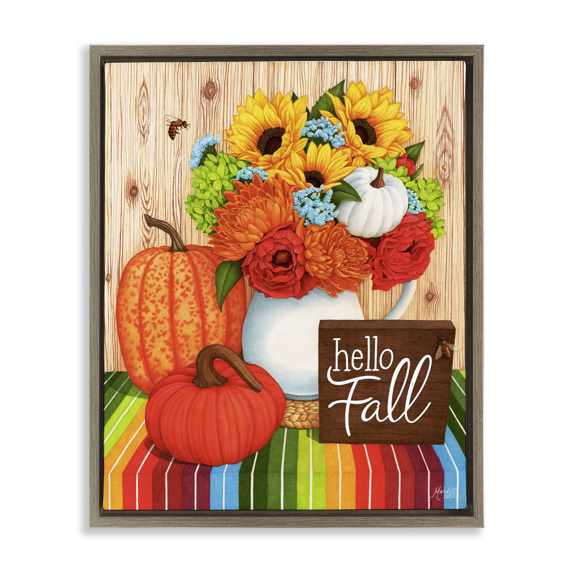 Stupell Industries Hello Fall Rainbow Pumpkins Holiday Painting Brown Floater Framed Canvas Art Prints Wall Art, 25 x 31