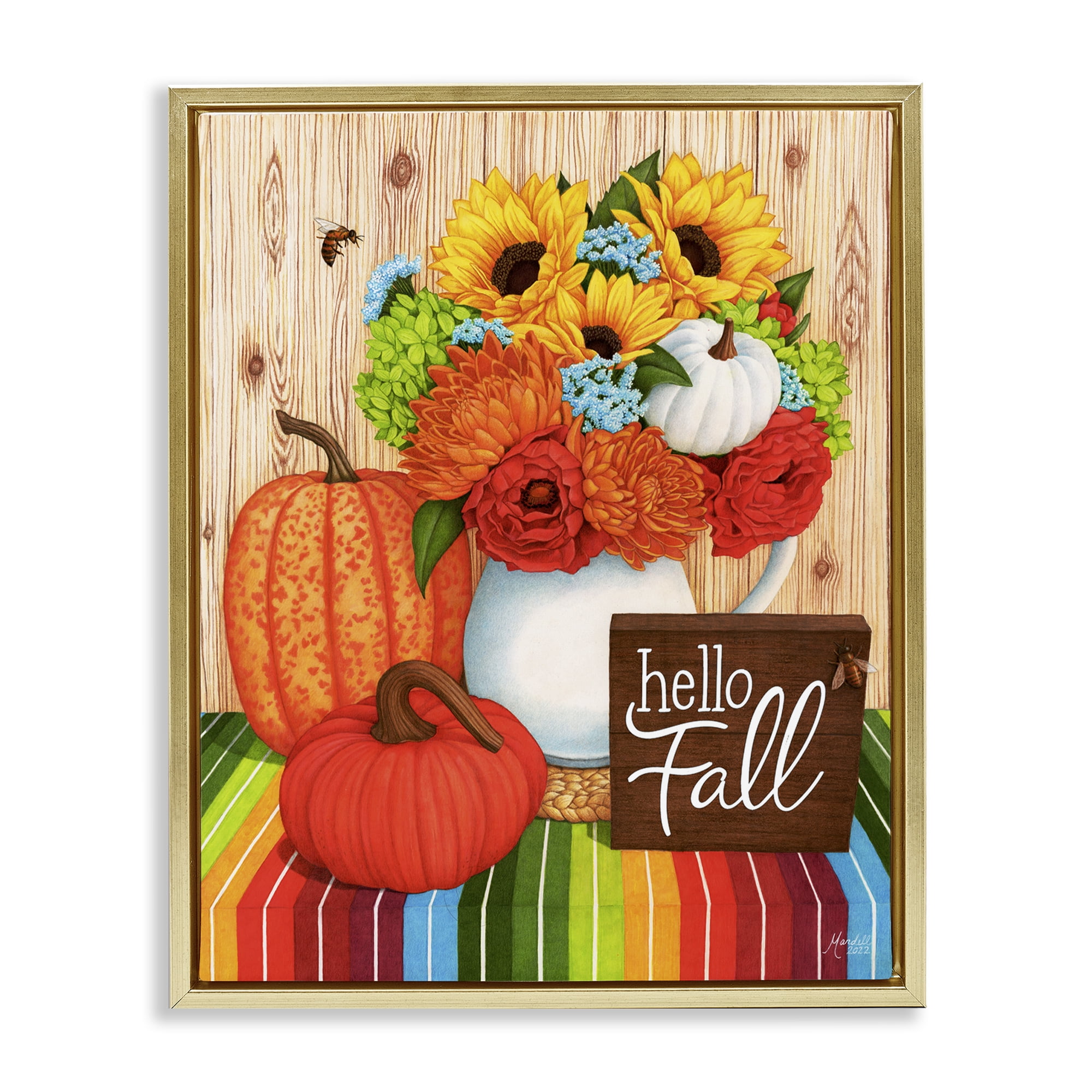 Stupell Industries Hello Fall Rainbow Pumpkins Holiday Painting Gold Floater Framed Canvas Art Prints Wall Art, 17 x 21
