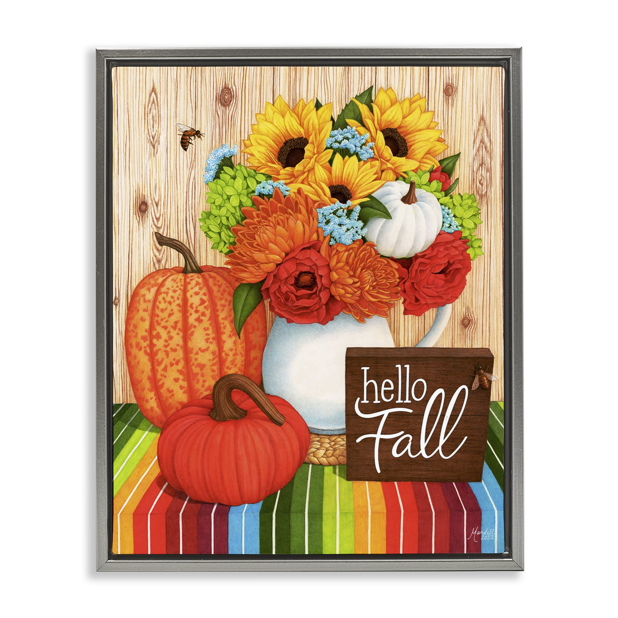 Stupell Industries Hello Fall Rainbow Pumpkins Holiday Painting Gray Floater Framed Canvas Art Prints Wall Art, 25 x 31