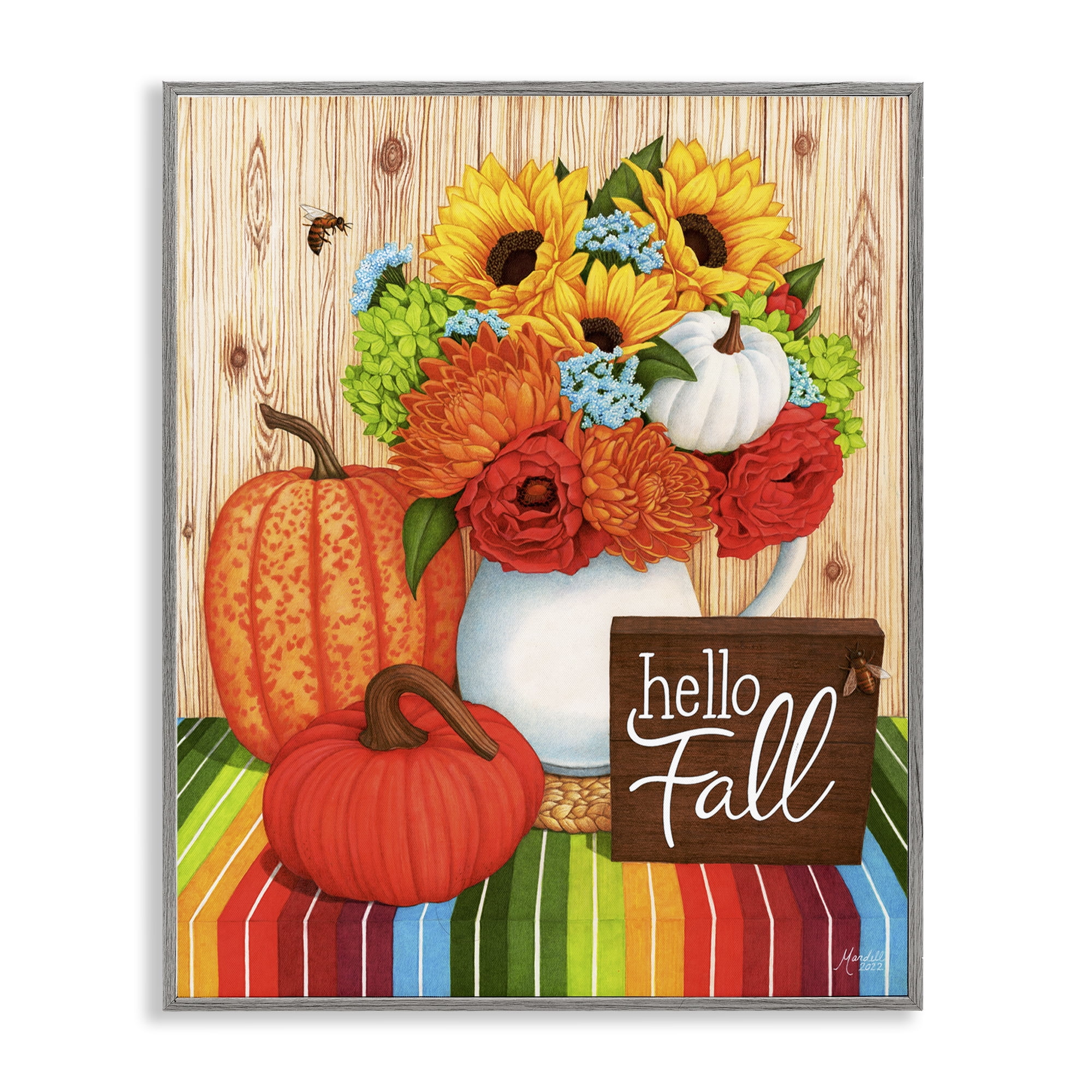 Stupell Industries Hello Fall Rainbow Pumpkins Holiday Painting Gray Framed Art Prints Wall Art, 16 x 20