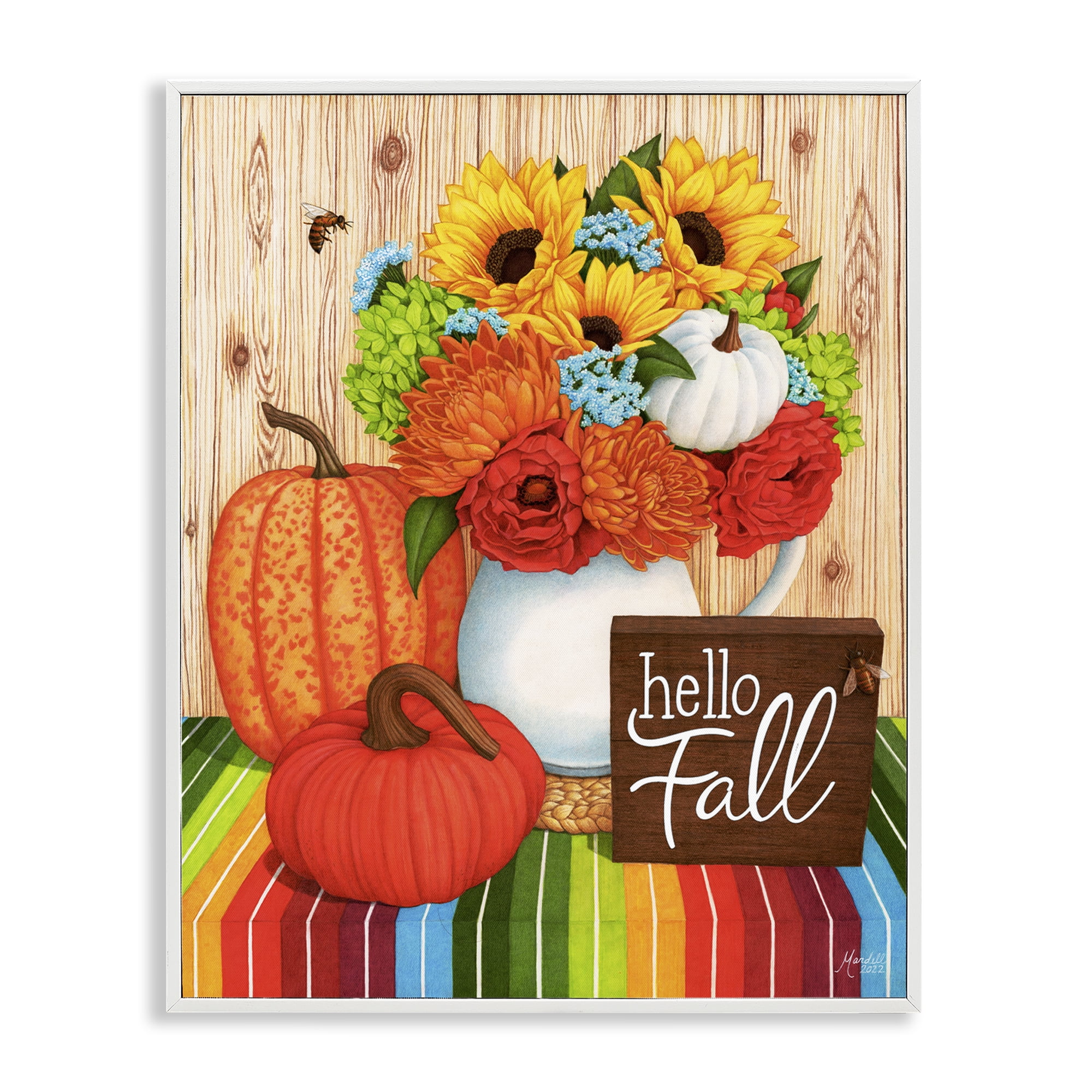 Stupell Industries Hello Fall Rainbow Pumpkins Holiday Painting White Framed Art Prints Wall Art, 16 x 20