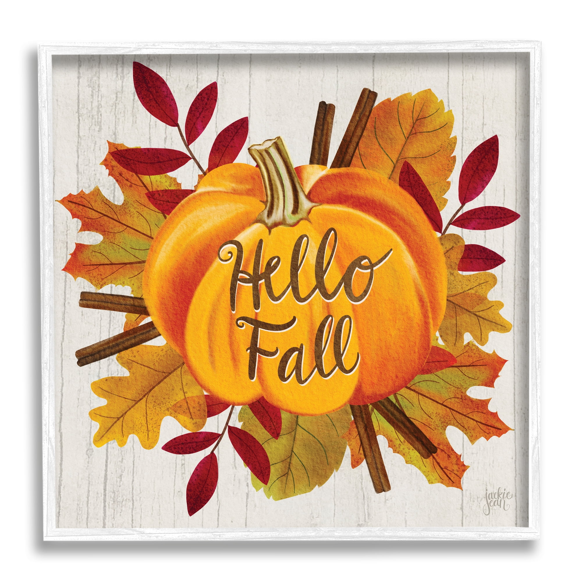 Stupell Industries Hello Fall Sentiment Orange Pumpkin Autumn Tree Leaves, 24 x 24, Designed by Jackie Quigley
