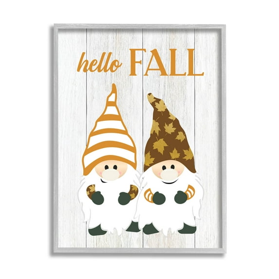 Stupell Industries Hello Fall Whimsical Gnomes Graphic Art Gray Framed Art Print Wall Art, Design by CAD Designs