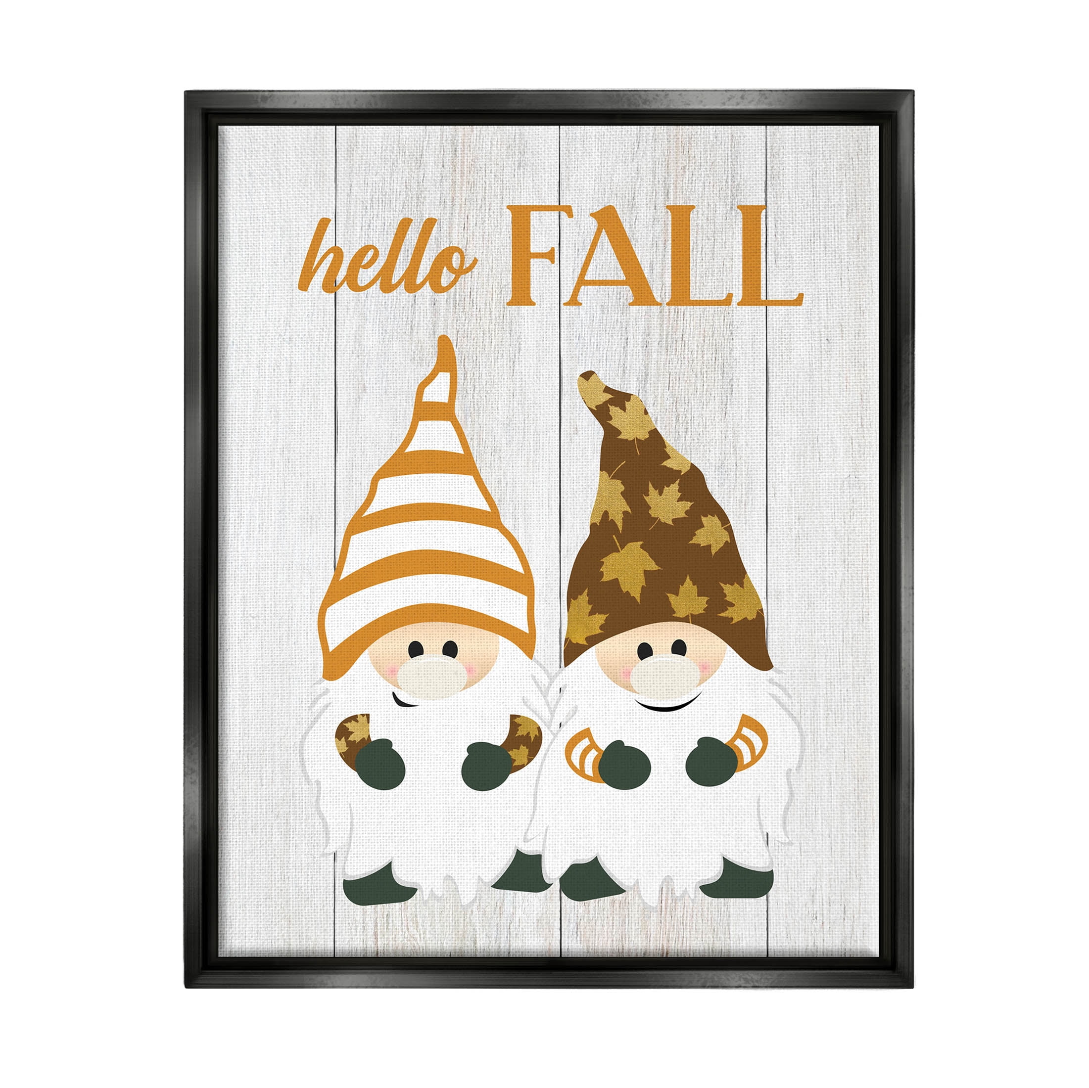 Stupell Industries Hello Fall Whimsical Gnomes Graphic Art Jet Black Floating Framed Canvas Print Wall Art, Design by CAD Designs