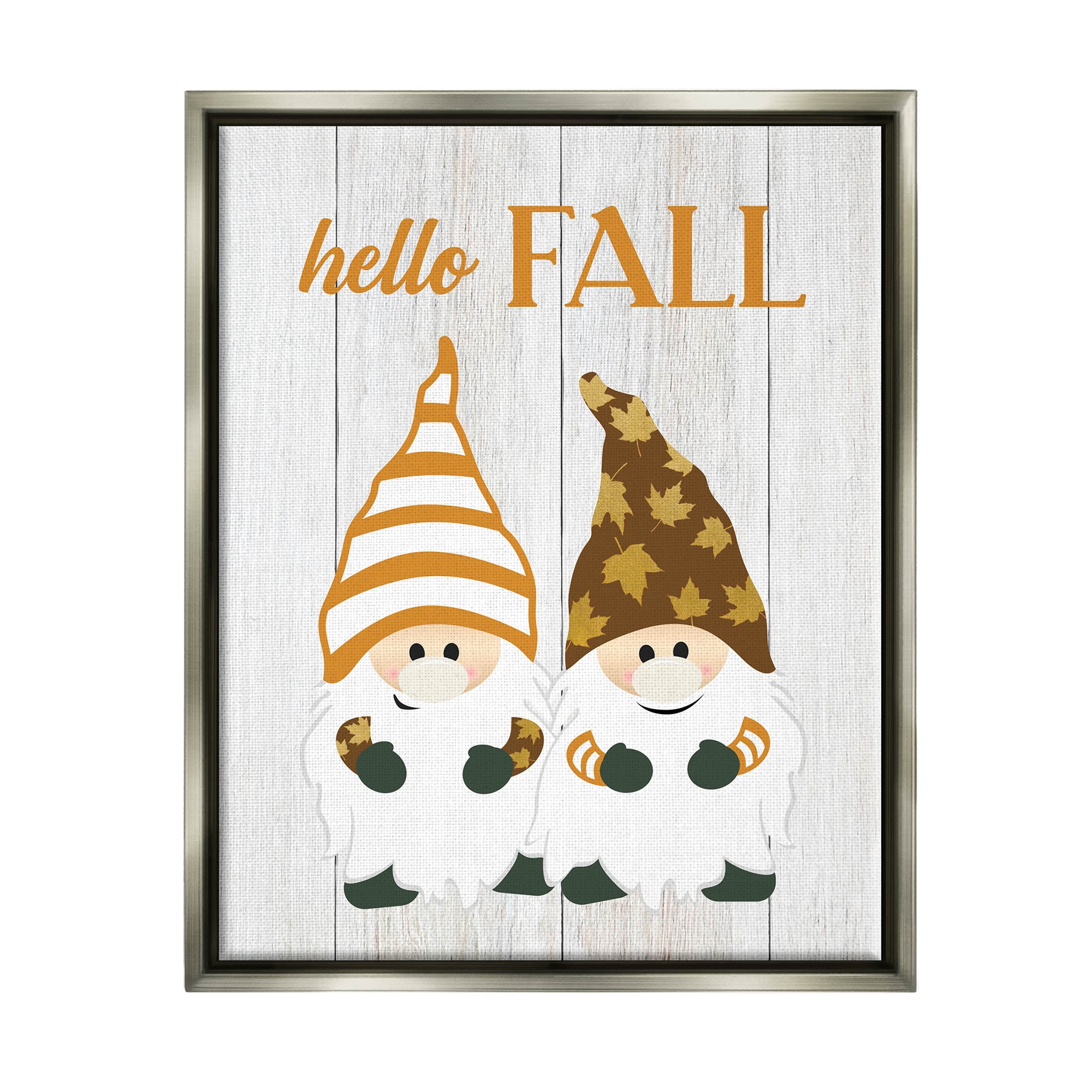 Stupell Industries Hello Fall Whimsical Gnomes Graphic Art Luster Gray Floating Framed Canvas Print Wall Art, Design by CAD Designs