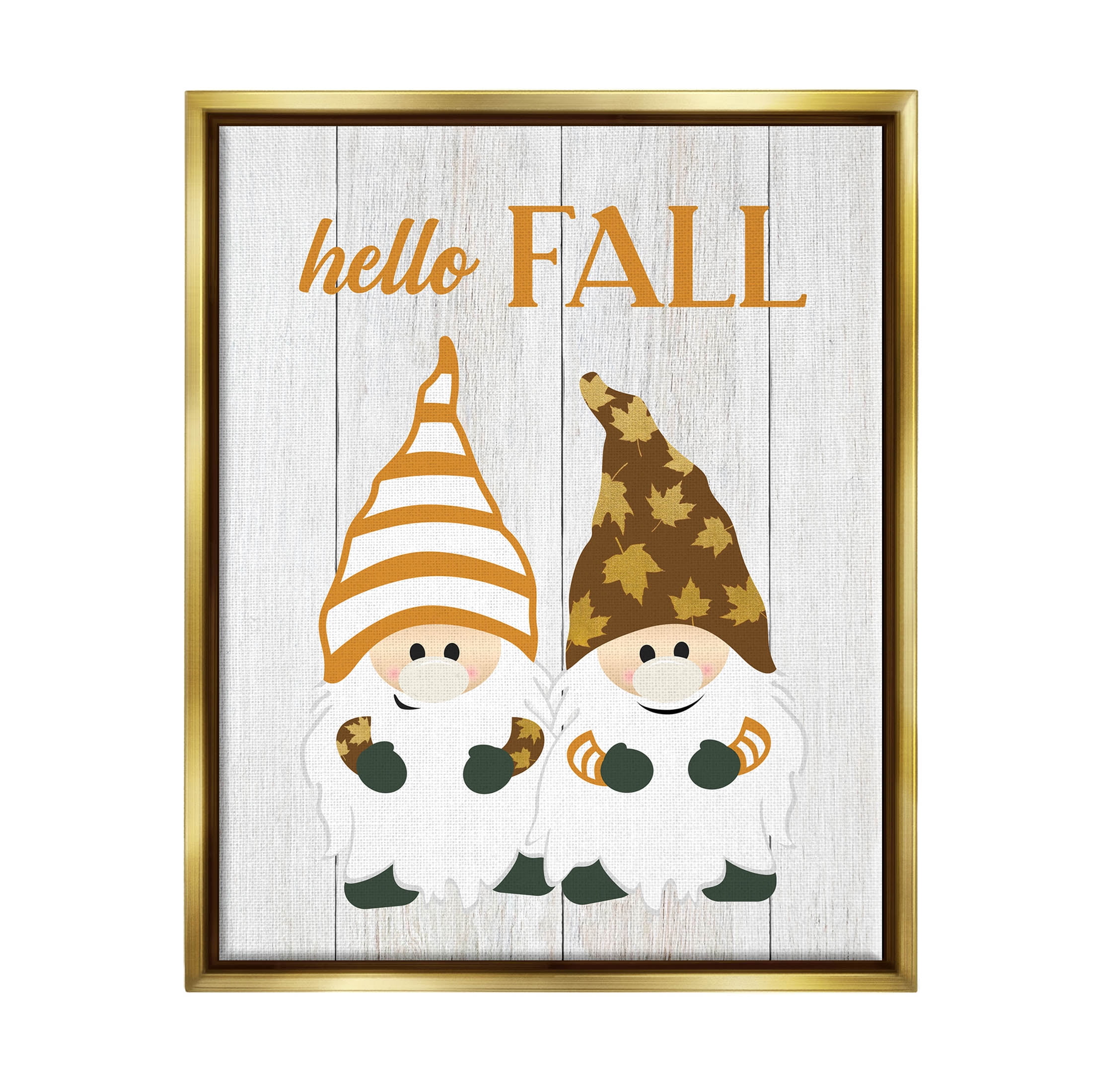 Hello Fall Whimsical Gnomes Gold Framed Canvas Art
