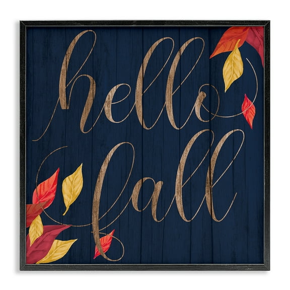 Stupell Industries Hello Fall with Autumn Foliage Inspirational Painting Black Framed Art Print Wall Art, 17 x 17
