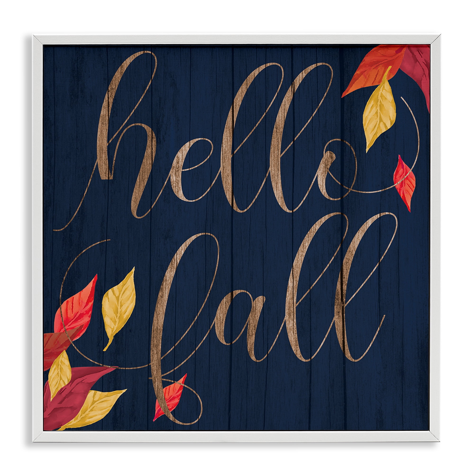Stupell Industries Hello Fall with Autumn Foliage Inspirational Painting White Framed Art Print Wall Art, 17 x 17