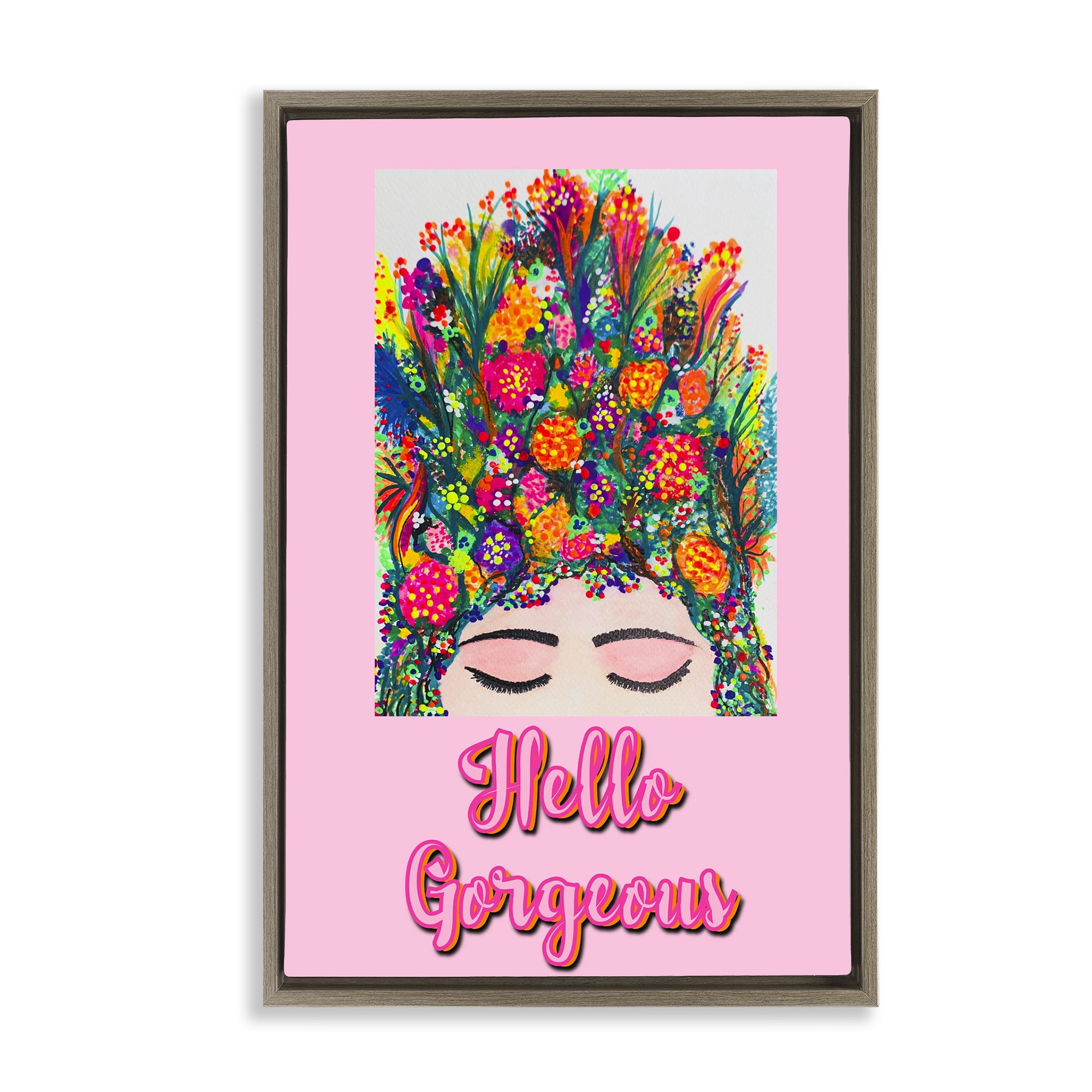 Stupell Industries Hello Gorgeous Floral Woman Brown Framed Floater Canvas Wall Art, design by Pooja Dave