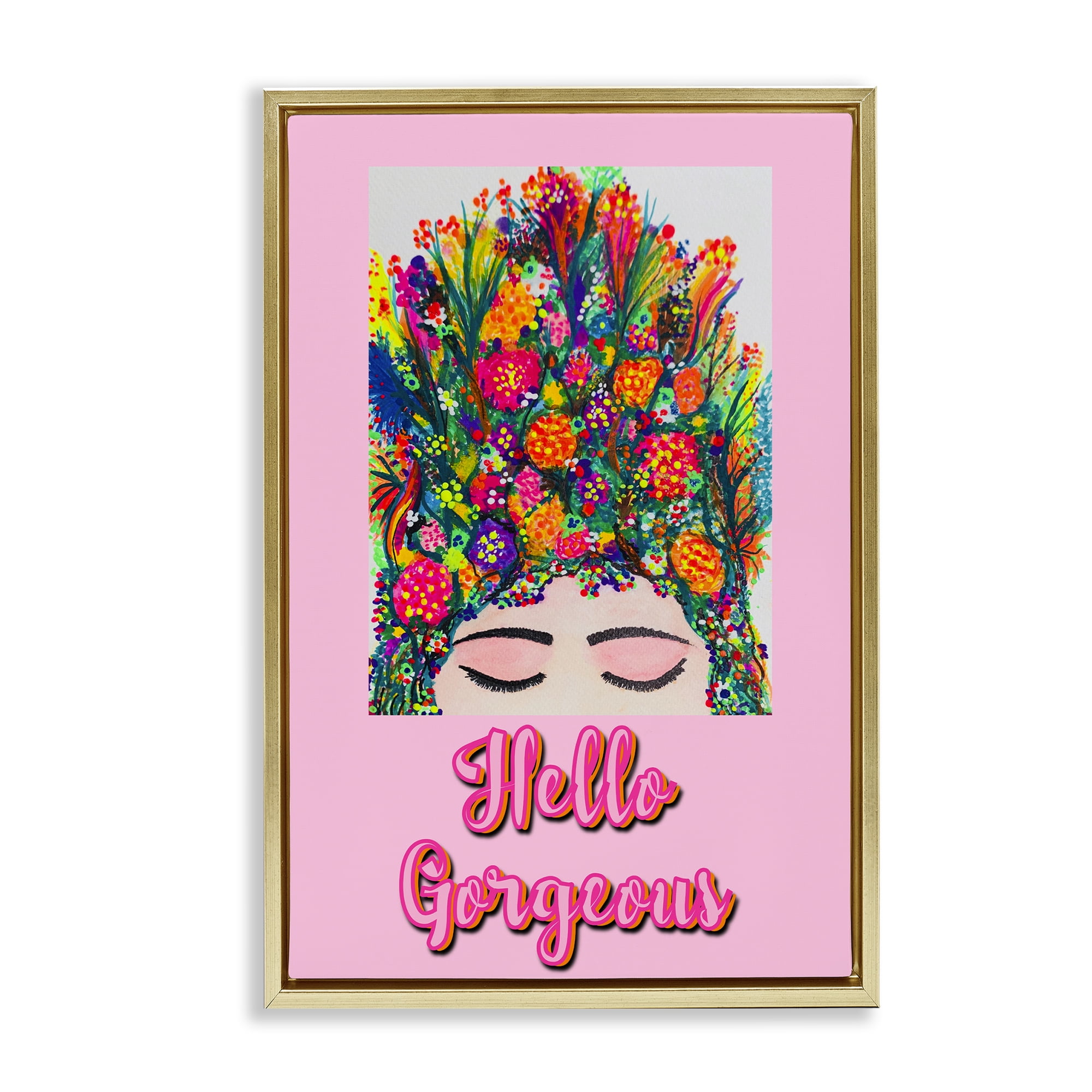 Stupell Industries Hello Gorgeous Floral Woman Gold Framed Floater Canvas Wall Art, design by Pooja Dave