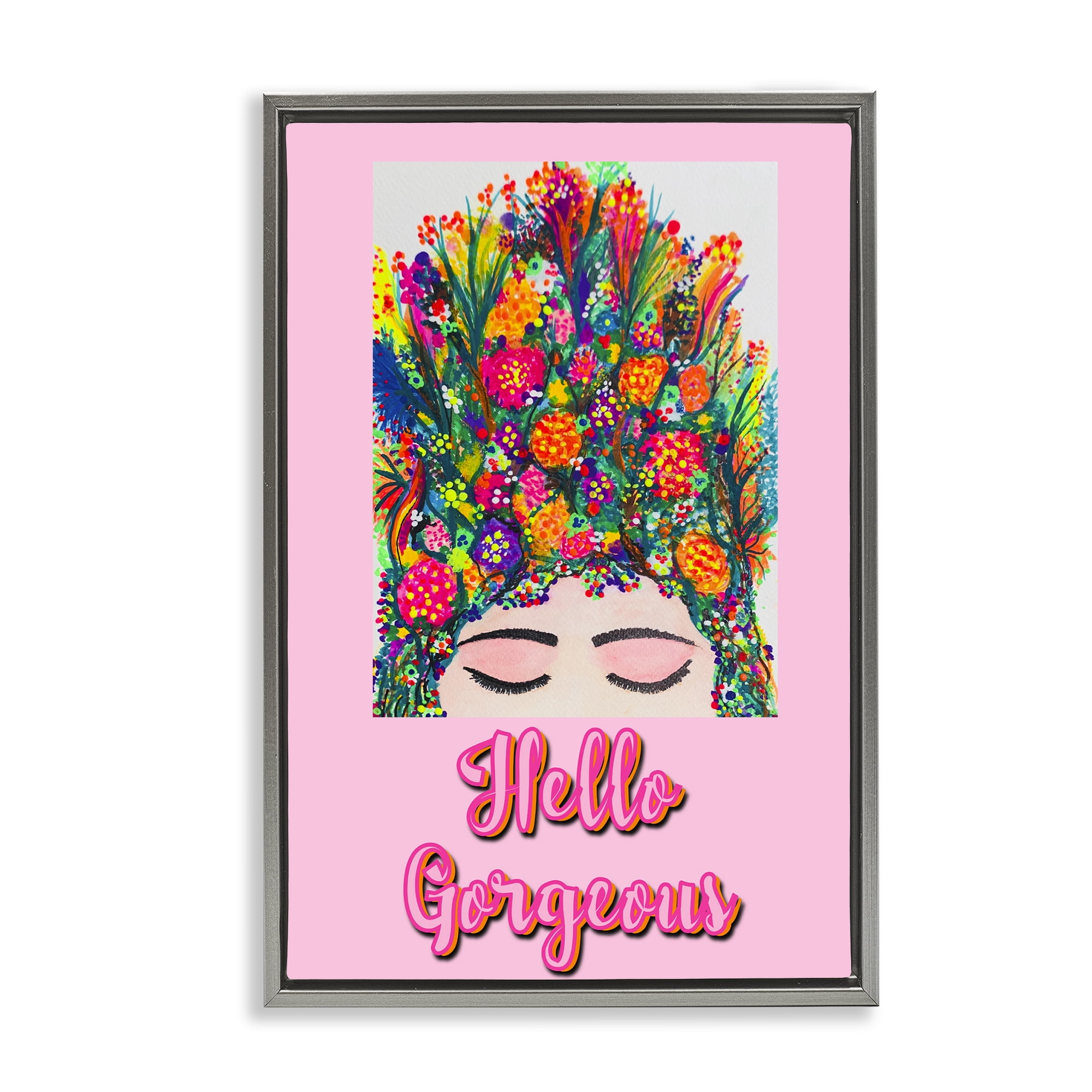 Stupell Industries Hello Gorgeous Floral Woman Gray Framed Floater Canvas Wall Art, design by Pooja Dave