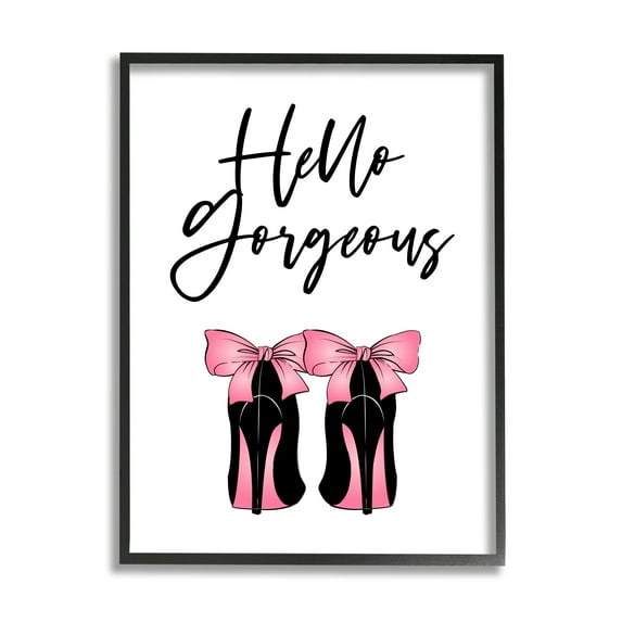 Stupell Industries Hello Gorgeous Pink Bow Heels Botanical & Floral Painting Black Framed Art Print Wall Art