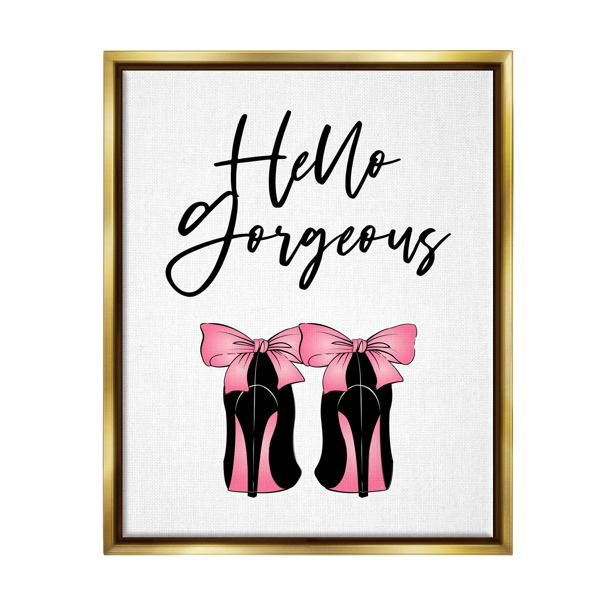 Stupell Industries Hello Gorgeous Pink Bow Heels Botanical & Floral Painting Gold Floater Framed Art Print Wall Art