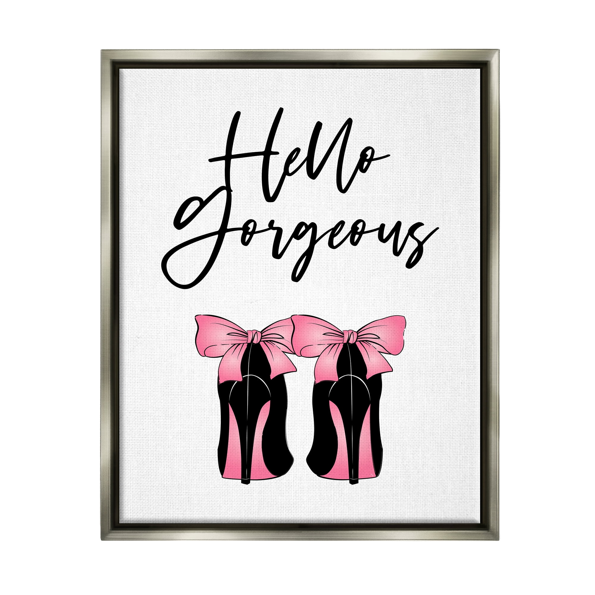 Stupell Industries Hello Gorgeous Pink Bow Heels Botanical & Floral Painting Gray Floater Framed Art Print Wall Art