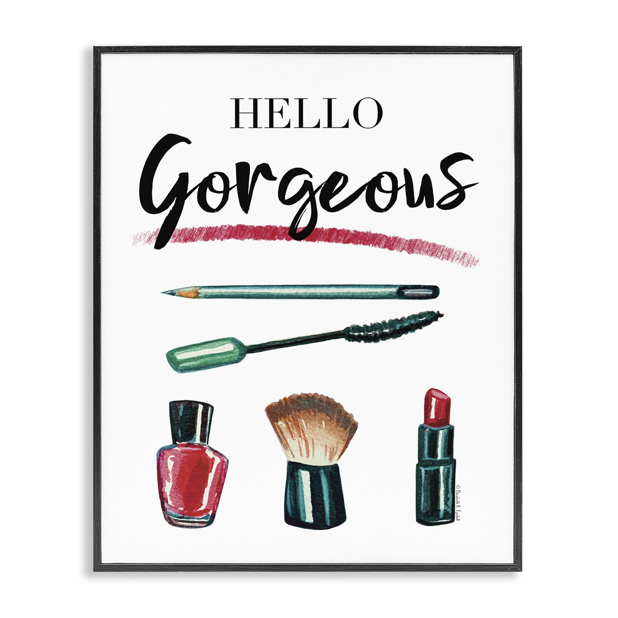 Stupell Industries Hello Gorgeous with Makeup Beauty & Fashion Painting Black Framed Art Print Wall Art, 24 x 30