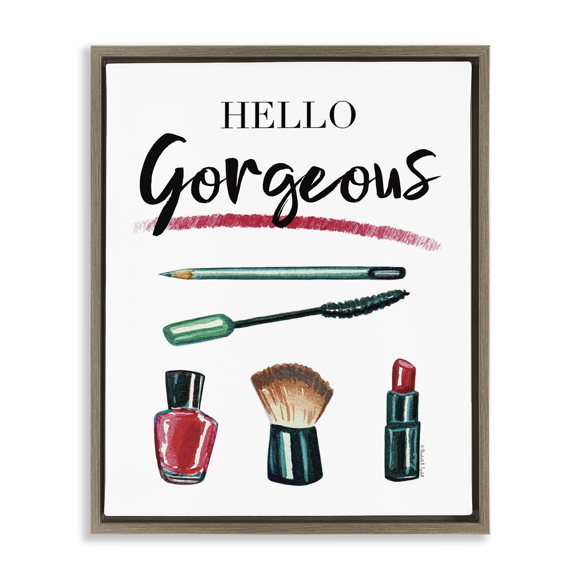 Stupell Industries Hello Gorgeous with Makeup Beauty & Fashion Painting Brown Floater Framed Art Print Wall Art, 17 x 21