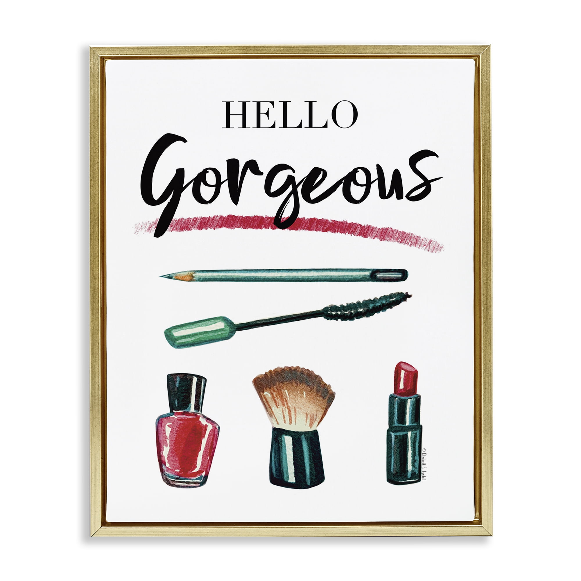 Stupell Industries Hello Gorgeous with Makeup Beauty & Fashion Painting Gold Floater Framed Art Print Wall Art, 17 x 21