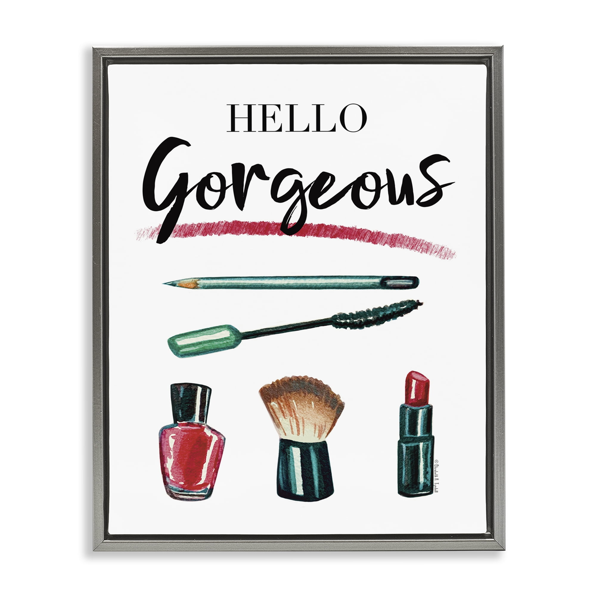 Stupell Industries Hello Gorgeous with Makeup Beauty & Fashion Painting Gray Floater Framed Art Print Wall Art, 17 x 21