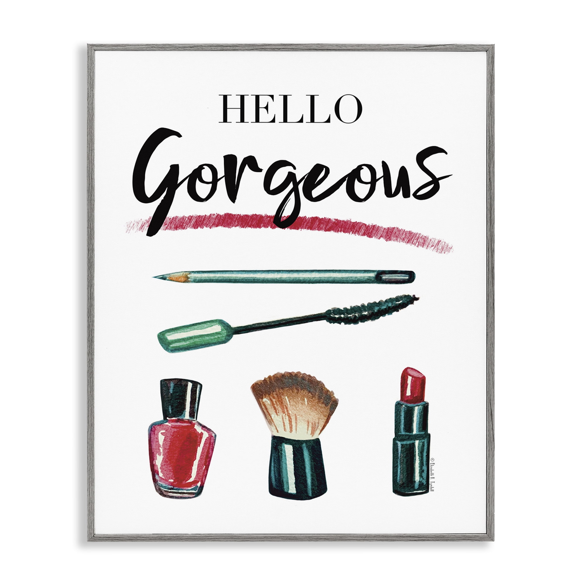 Stupell Industries Hello Gorgeous with Makeup Beauty & Fashion Painting Gray Framed Art Print Wall Art, 11 x 14