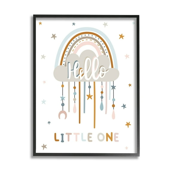 Stupell Industries Hello Little One Patterned Stars Nursery Rainbow Graphic Art Black Framed Art Print Wall Art, Design by Angela Nickeas