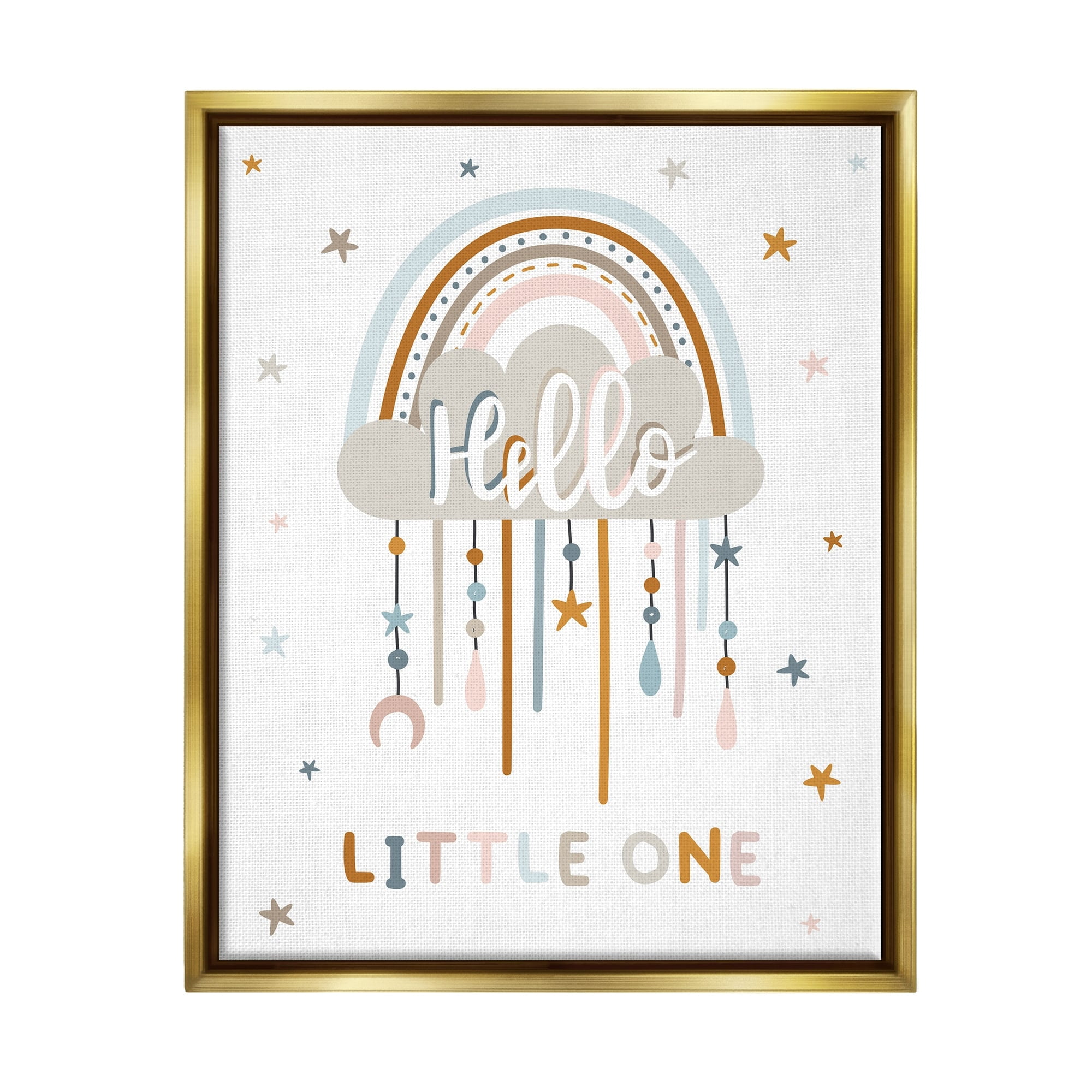 Stupell Industries Hello Little One Patterned Stars Nursery Rainbow Graphic Art Metallic Gold Floating Framed Canvas Print Wall Art, Design by Angela Nickeas
