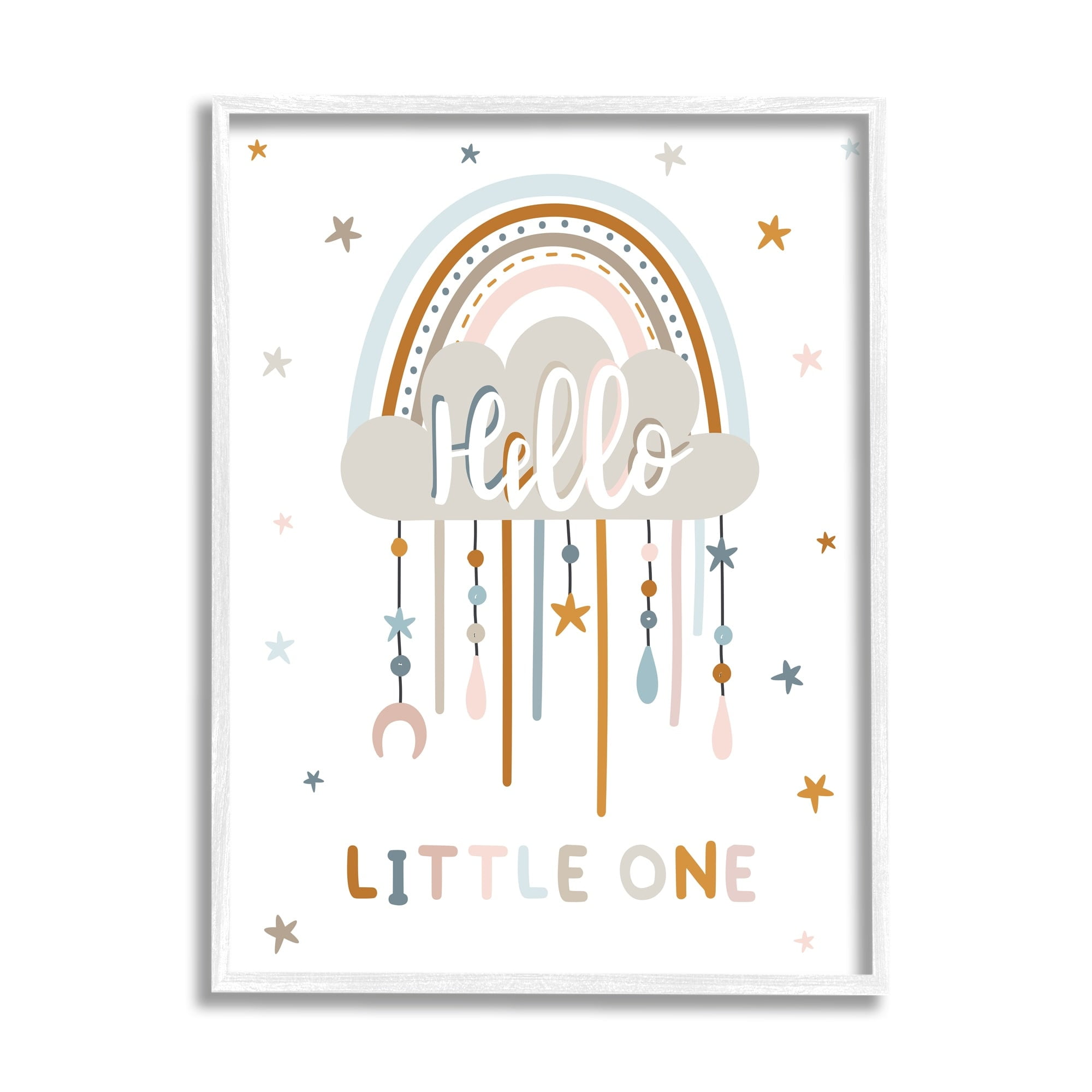 Stupell Industries Hello Little One Patterned Stars Nursery Rainbow Graphic Art White Framed Art Print Wall Art, Design by Angela Nickeas