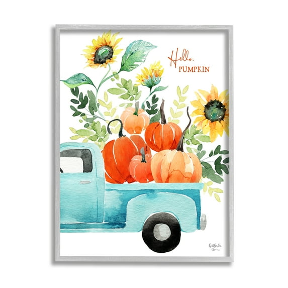 Stupell Industries Hello Pumpkin Autumn Truck Carrying Seasonal Plants Graphic Art Gray Framed Art Print Wall Art, Design by Heatherlee Chan