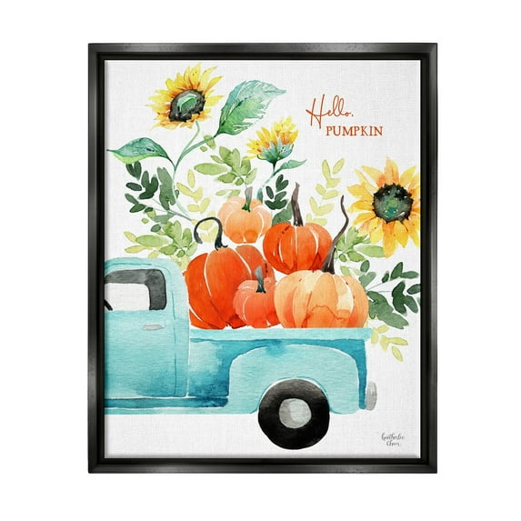 Stupell Industries Hello Pumpkin Autumn Truck Carrying Seasonal Plants Graphic Art Jet Black Floating Framed Canvas Print Wall Art, Design by Heatherlee Chan