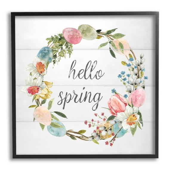 Stupell Industries Hello Spring Floral Egg Wreath Graphic Art Black Framed Art Print Wall Art, Design by Livi Finn