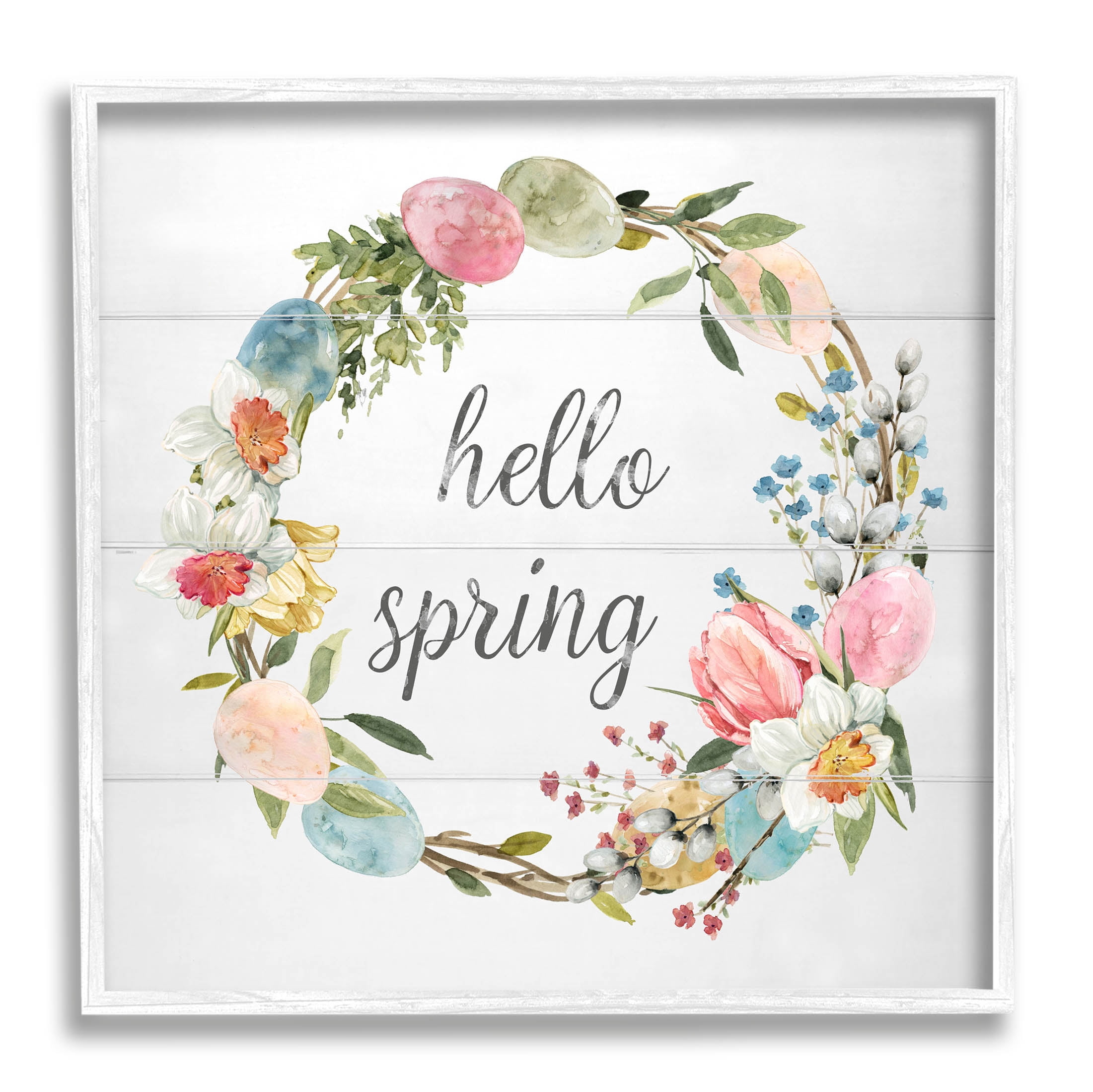 Stupell Industries Hello Spring Floral Egg Wreath Graphic Art White Framed Art Print Wall Art, Design by Livi Finn