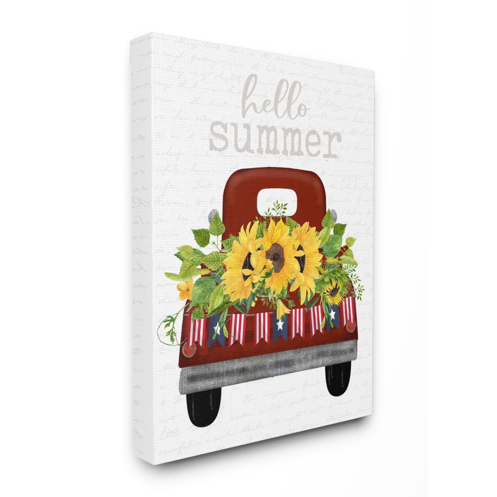 Stupell Industries Hello Summer Quote Sunflower Flower Patriotic Truck Canvas Wall Art Design by Lettered and Lined, 24" x 30"