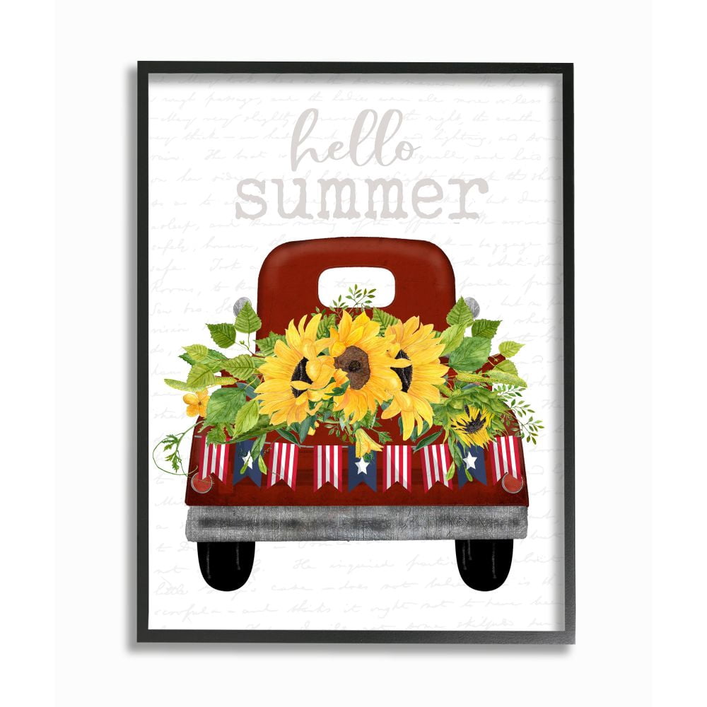 Stupell Industries Hello Summer Quote Sunflower Flower Patriotic Truck Framed Wall Art Design by Lettered and Lined, 11" x 14", Black Framed