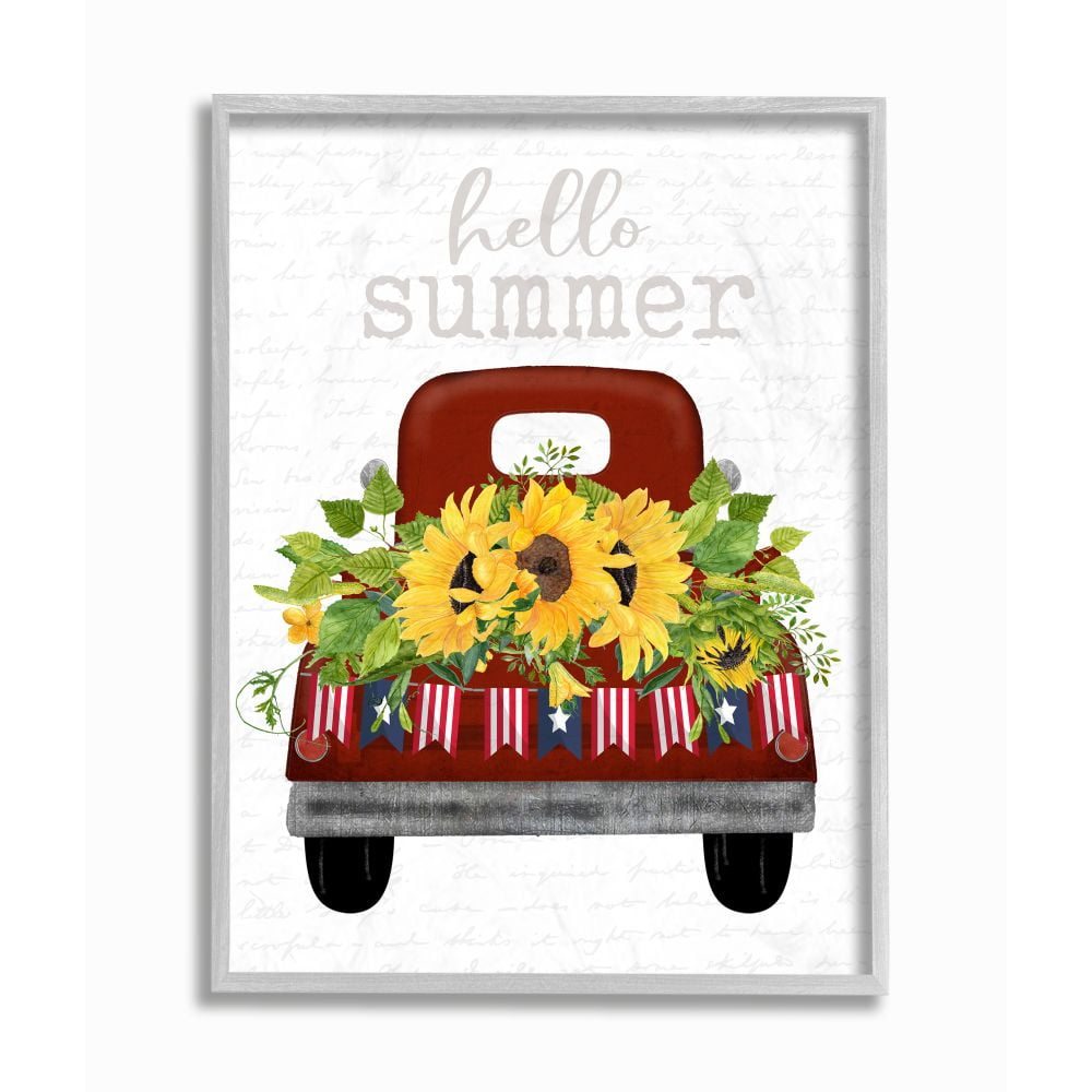 Stupell Industries Hello Summer Quote Sunflower Flower Patriotic Truck Framed Wall Art Design by Lettered and Lined, 16" x 20", Gray Framed