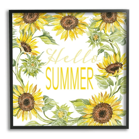 Stupell Industries Hello Summer Warm Yellow Sunflower Typography Border Graphic Art Black Framed Art Print Wall Art, Design by Cindy Jacobs