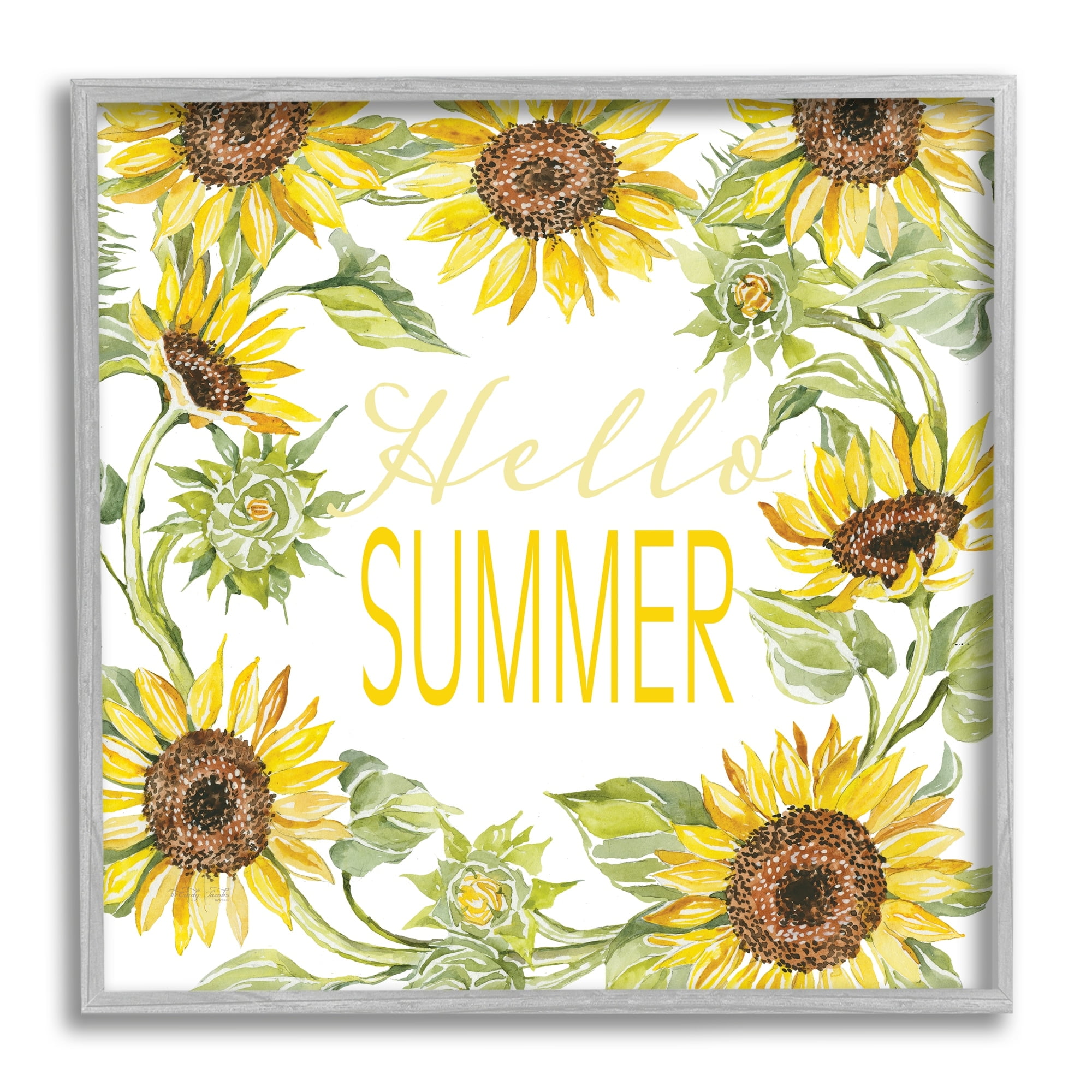 Stupell Industries Hello Summer Warm Yellow Sunflower Typography Border Graphic Art Gray Framed Art Print Wall Art, Design by Cindy Jacobs