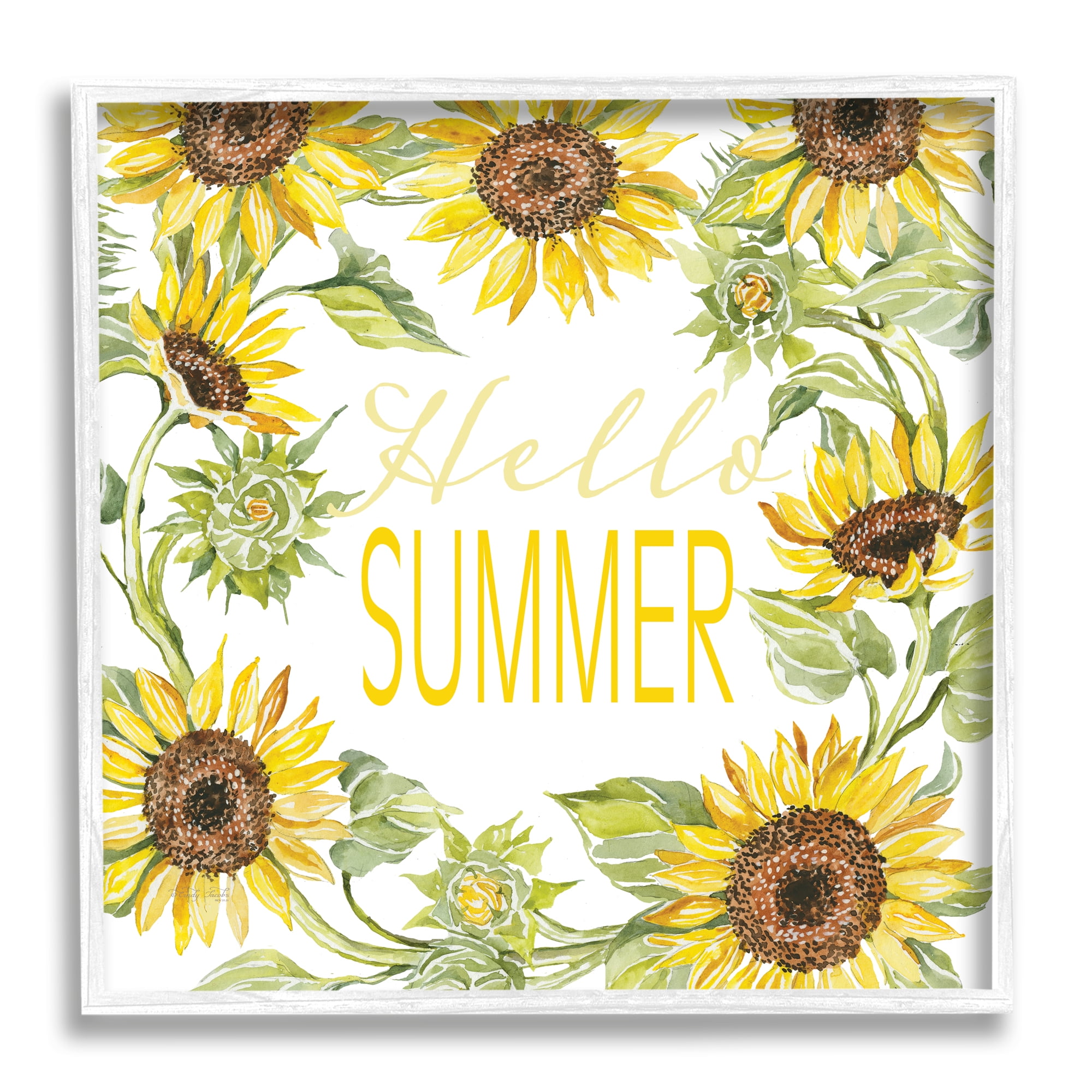 Stupell Industries Hello Summer Warm Yellow Sunflower Typography Border Graphic Art White Framed Art Print Wall Art, Design by Cindy Jacobs