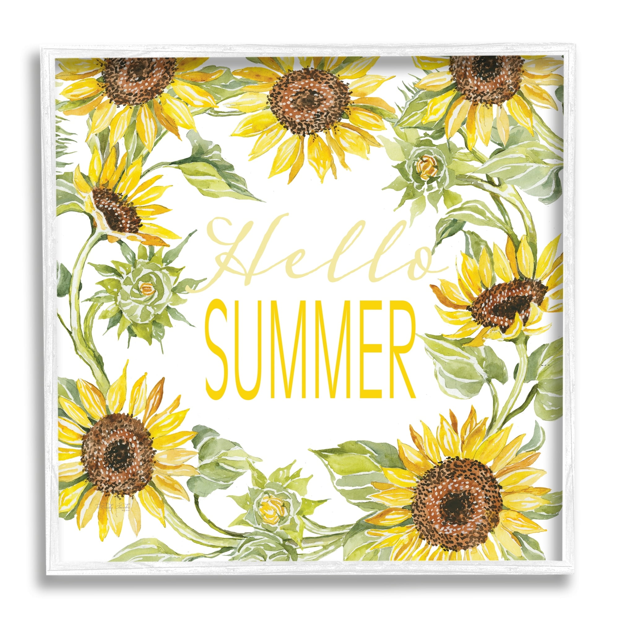 Stupell Industries Hello Summer Warm Yellow Sunflower Typography Border Graphic Art White Framed Art Print Wall Art, Design by Cindy Jacobs