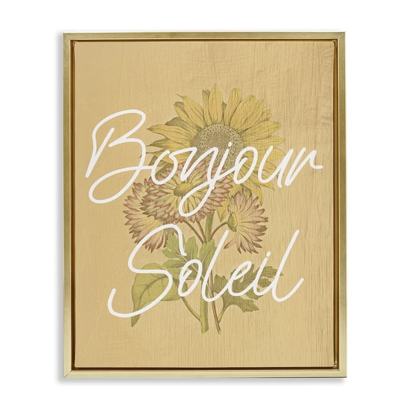 Stupell Industries Hello Sunshine French Phrase Quotes and Sayings Painting Gold Floater Framed Canvas Art Print Wall Art, 17 x 21