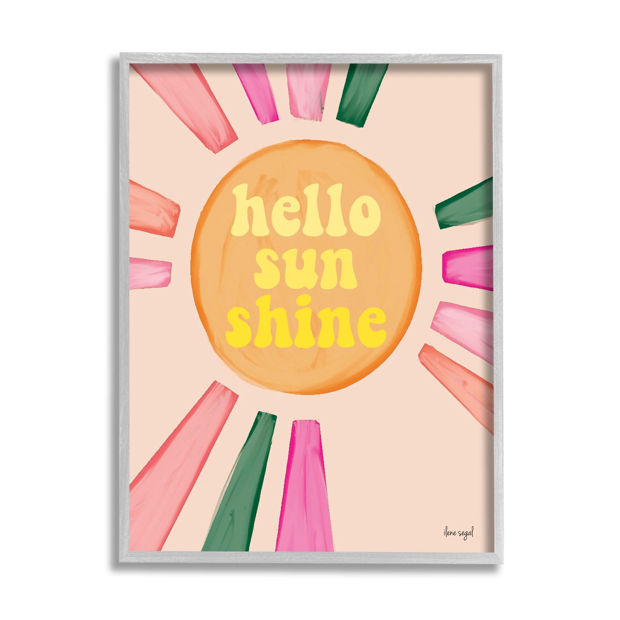 Stupell Industries Hello Sunshine Groovy Text Pink Green Sun Rays Graphic Art Gray Framed Art Print Wall Art, Design by Ilene Segal