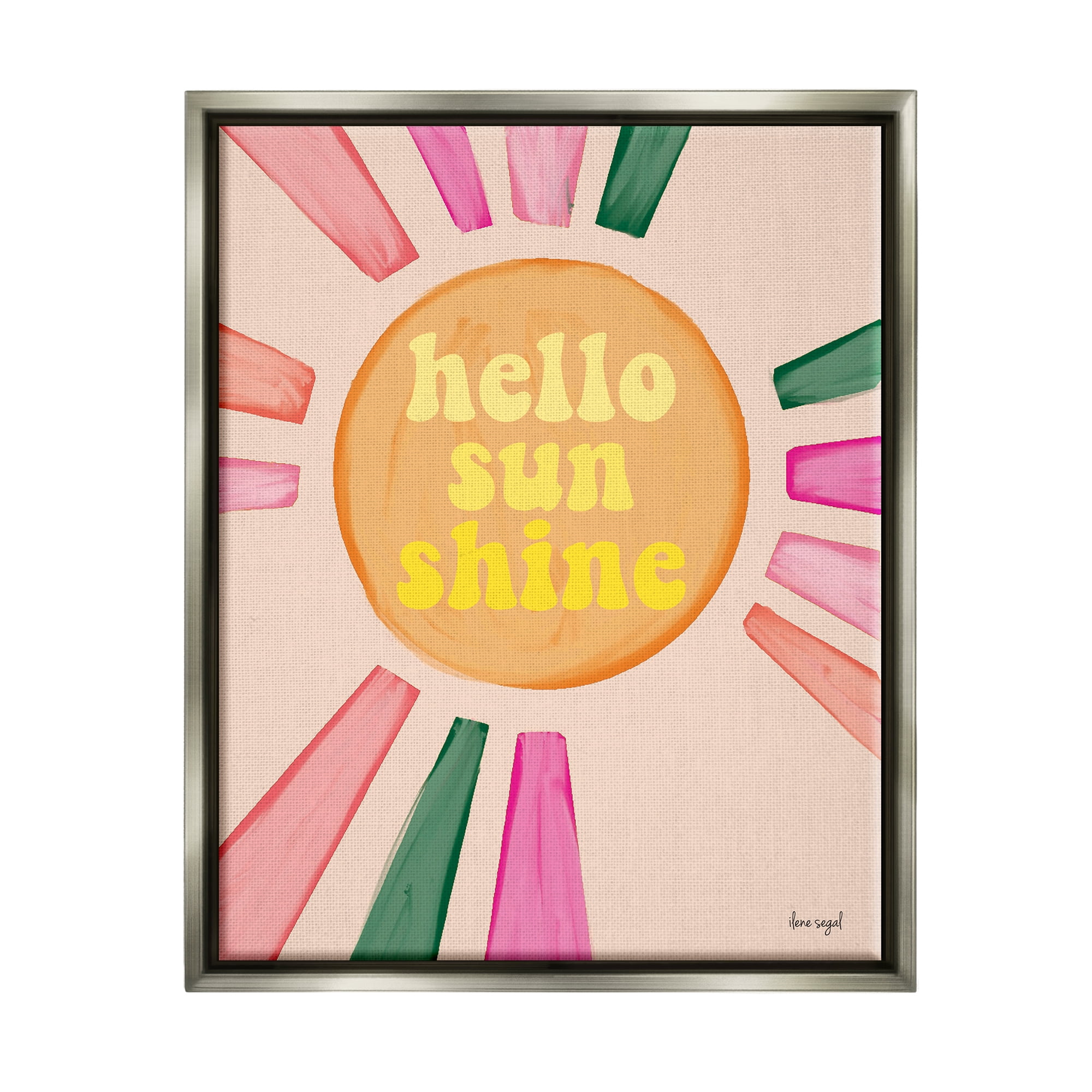 Stupell Industries Hello Sunshine Groovy Text Pink Green Sun Rays Graphic Art Luster Gray Floating Framed Canvas Print Wall Art, Design by Ilene Segal