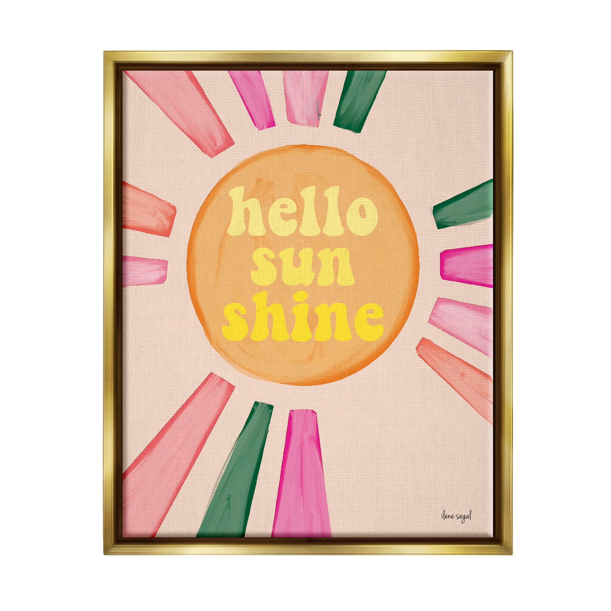 Stupell Industries Hello Sunshine Groovy Text Pink Green Sun Rays Graphic Art Metallic Gold Floating Framed Canvas Print Wall Art, Design by Ilene Segal
