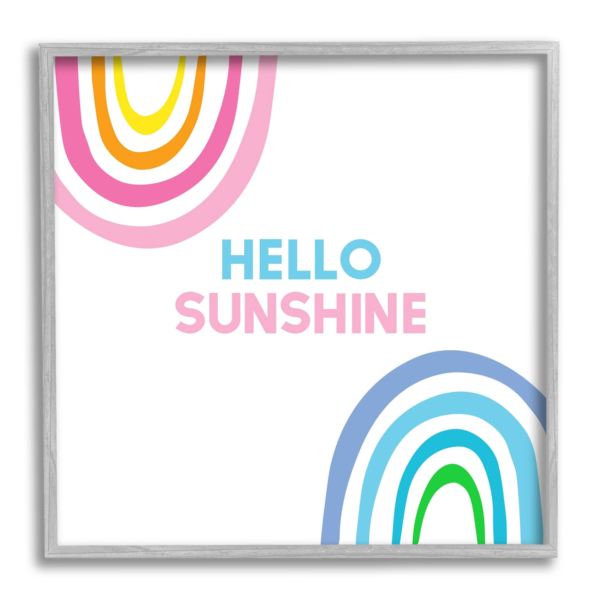 Stupell Industries Hello Sunshine Pastel Greeting Pink Blue Rainbows Graphic Art Gray Framed Art Print Wall Art, Design by Ilene Segal