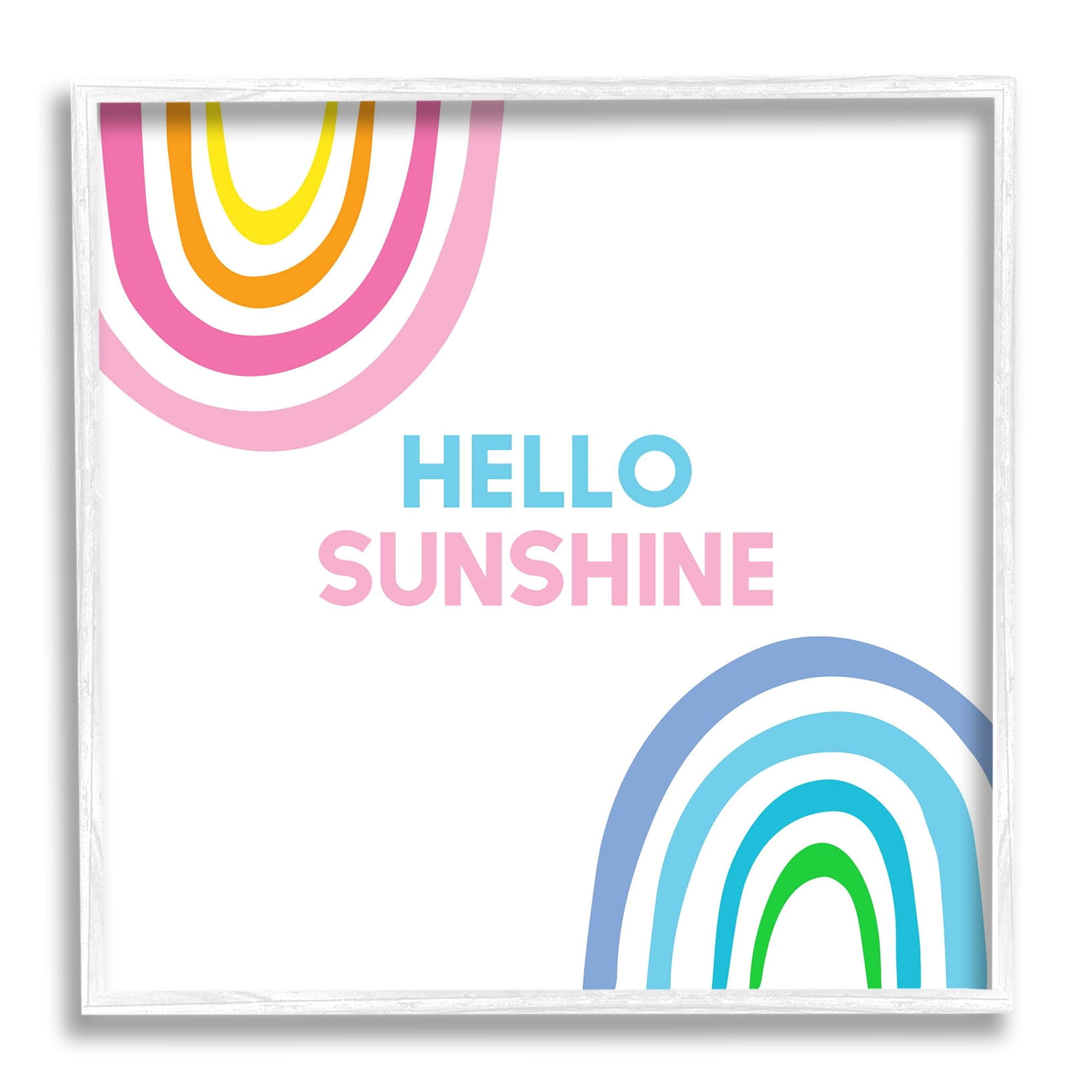 Stupell Industries Hello Sunshine Pastel Greeting Pink Blue Rainbows Graphic Art White Framed Art Print Wall Art, Design by Ilene Segal
