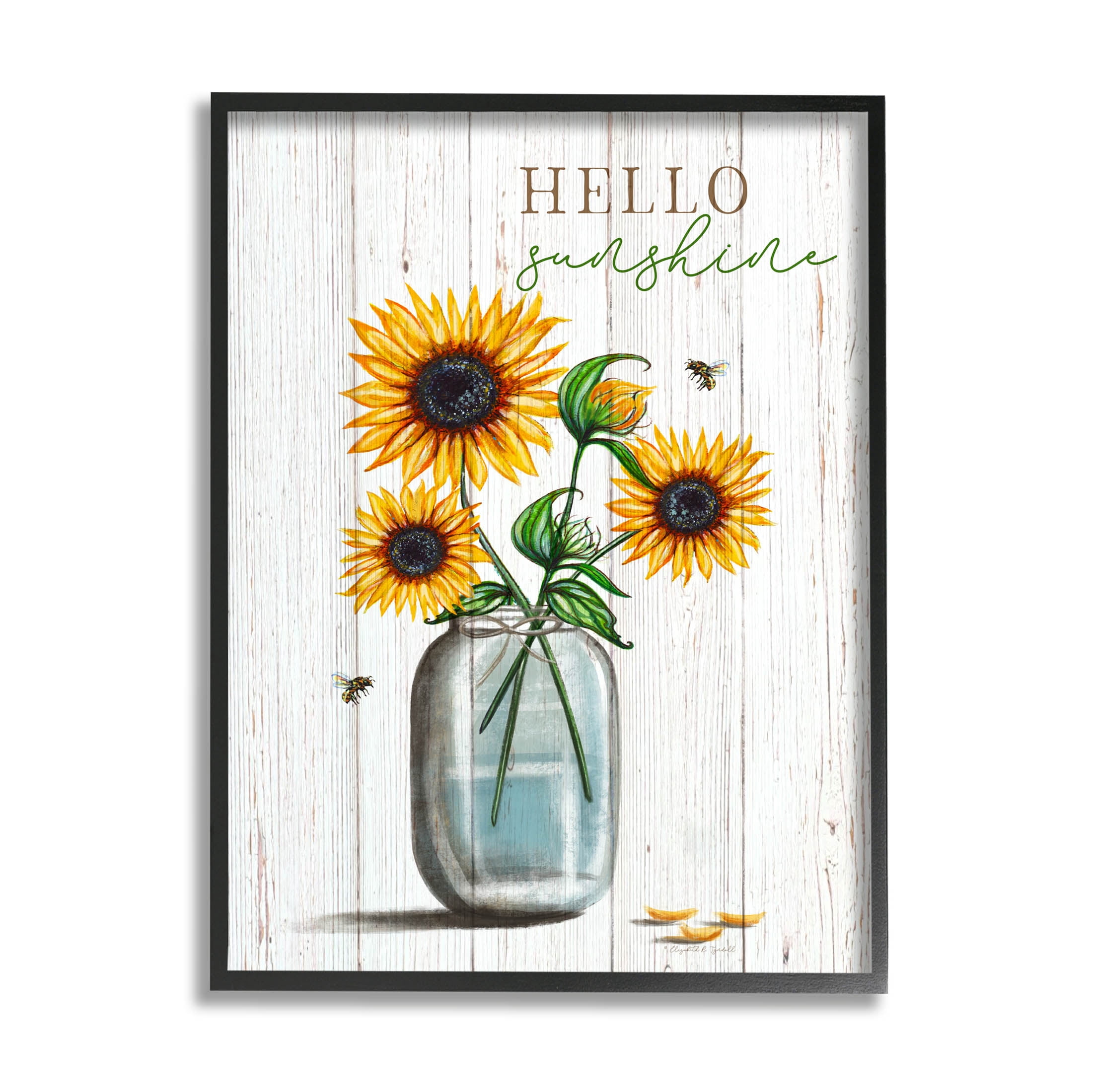 Stupell Industries Hello Sunshine Rustic Sunflower Jar Graphic Art Black Framed Art Print Wall Art, Design by Elizabeth Tyndall