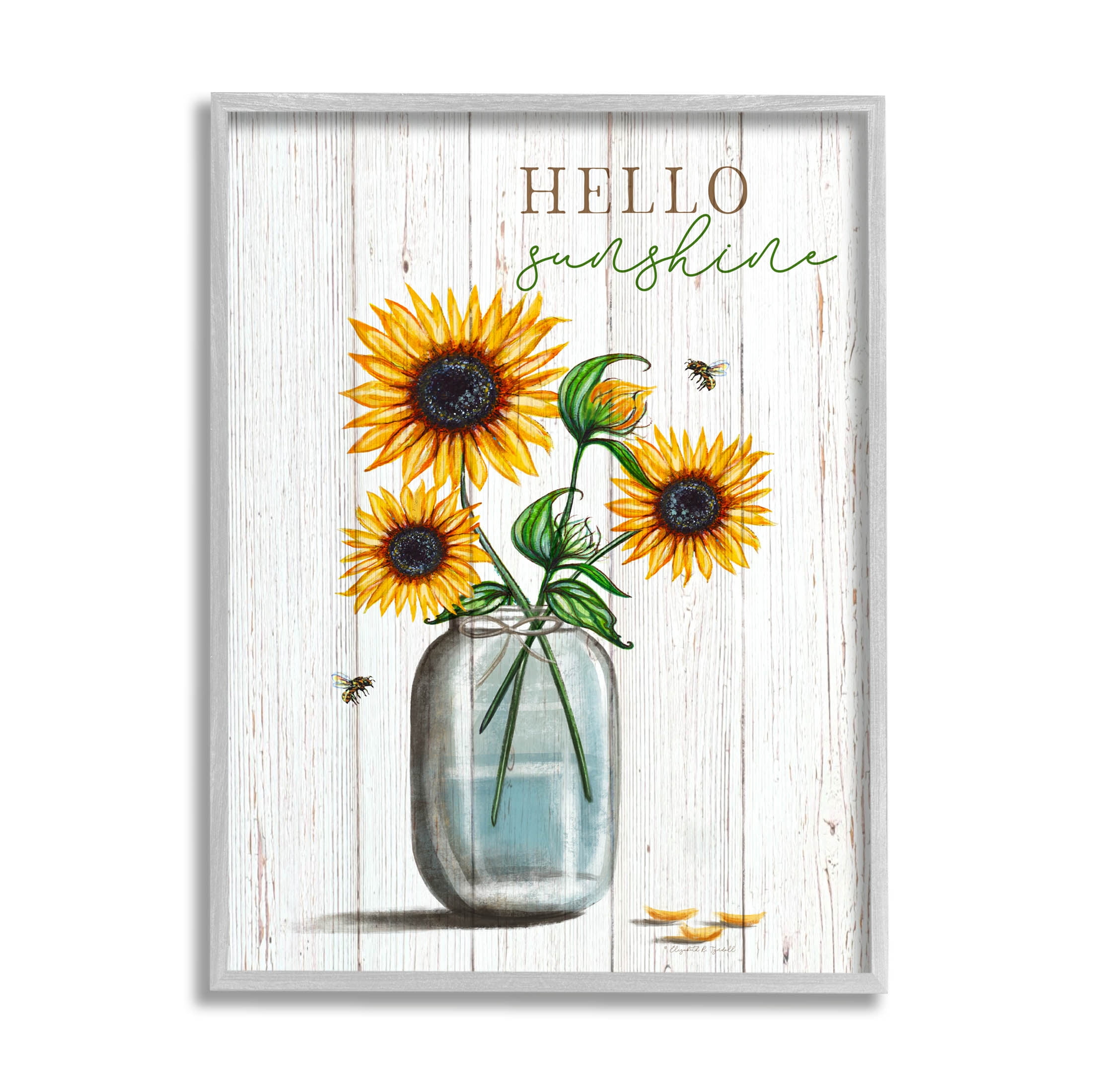 Stupell Industries Hello Sunshine Rustic Sunflower Jar Graphic Art Gray Framed Art Print Wall Art, Design by Elizabeth Tyndall
