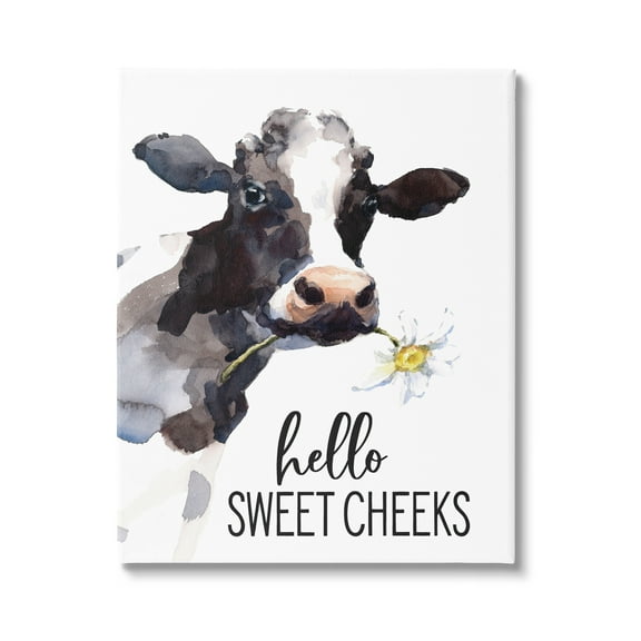 Stupell Industries Hello Sweet Cheeks Country Cow Cattle Holding Flower Graphic Art Gallery Wrapped Canvas Print Wall Art, Design by Lettered and Lined