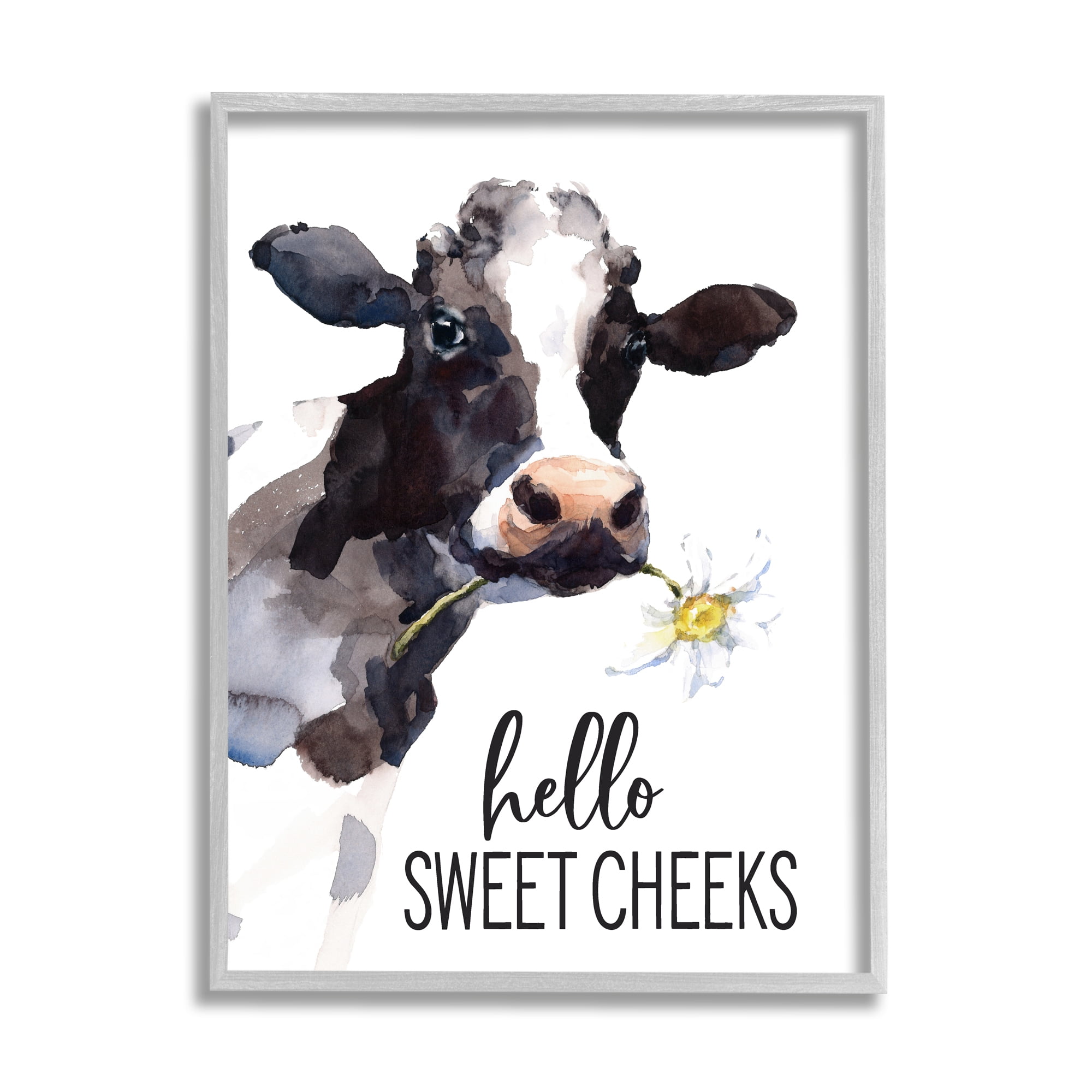 Stupell Industries Hello Sweet Cheeks Country Cow Cattle Holding Flower Graphic Art Gray Framed Art Print Wall Art, Design by Lettered and Lined