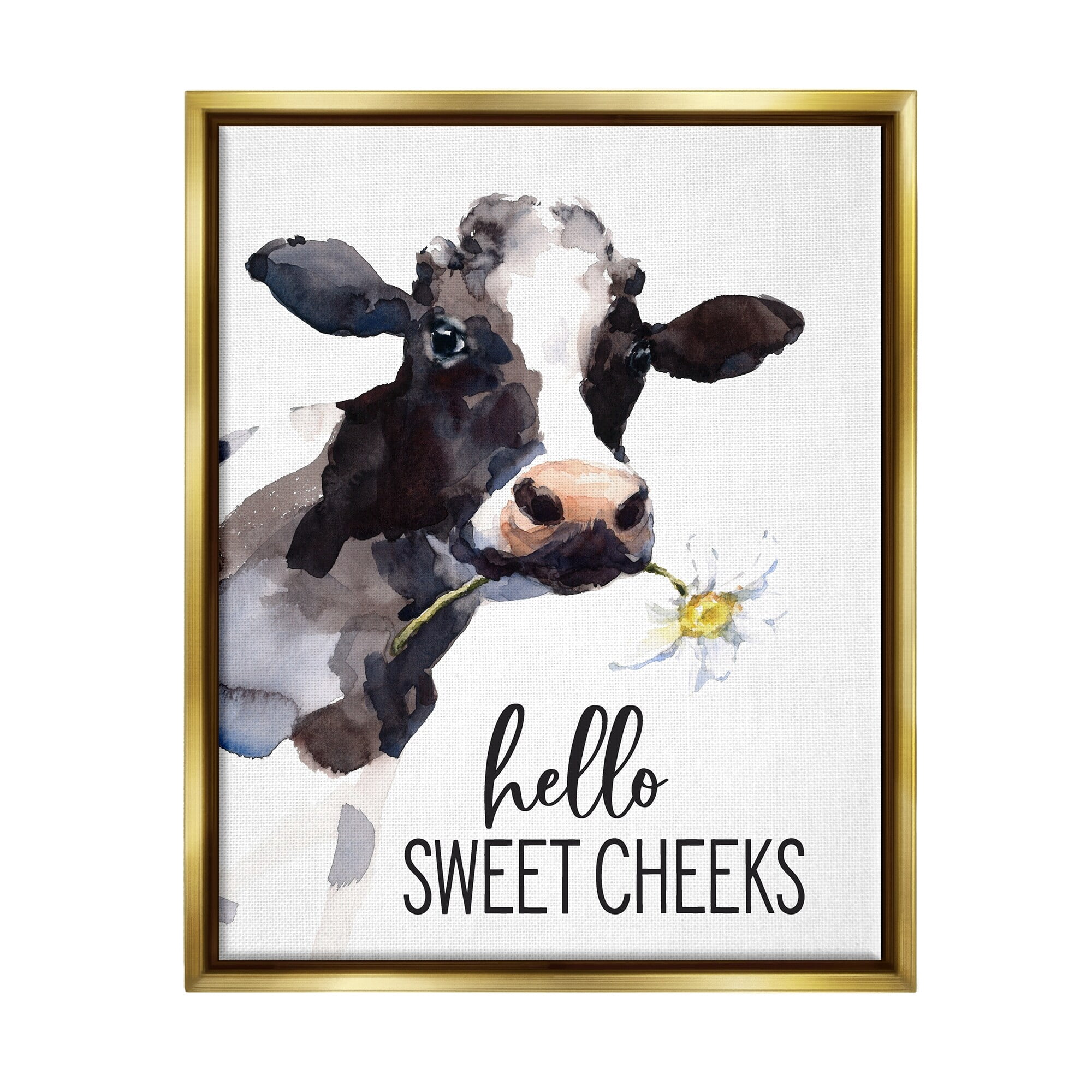 Stupell Industries Hello Sweet Cheeks Country Cow Cattle Holding Flower Graphic Art Metallic Gold Floating Framed Canvas Print Wall Art, Design by Lettered and Lined
